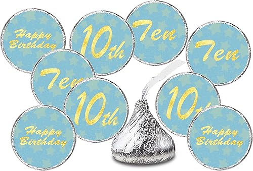 Calcomanías de besos de cumpleaños número 10, diez etiquetas de beso azul para fiesta de cumpleaños de niños, decoraciones de mesa de gotas de