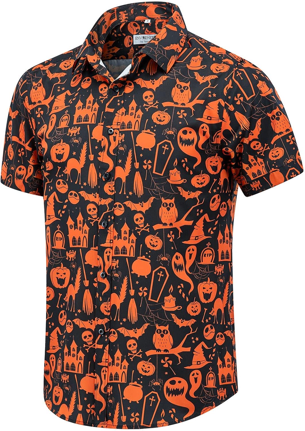 Men's Halloween Pumpkins Button Down Shirt Fun Skull Casual Short Sleeve Hawaiian Shirt - Image 2