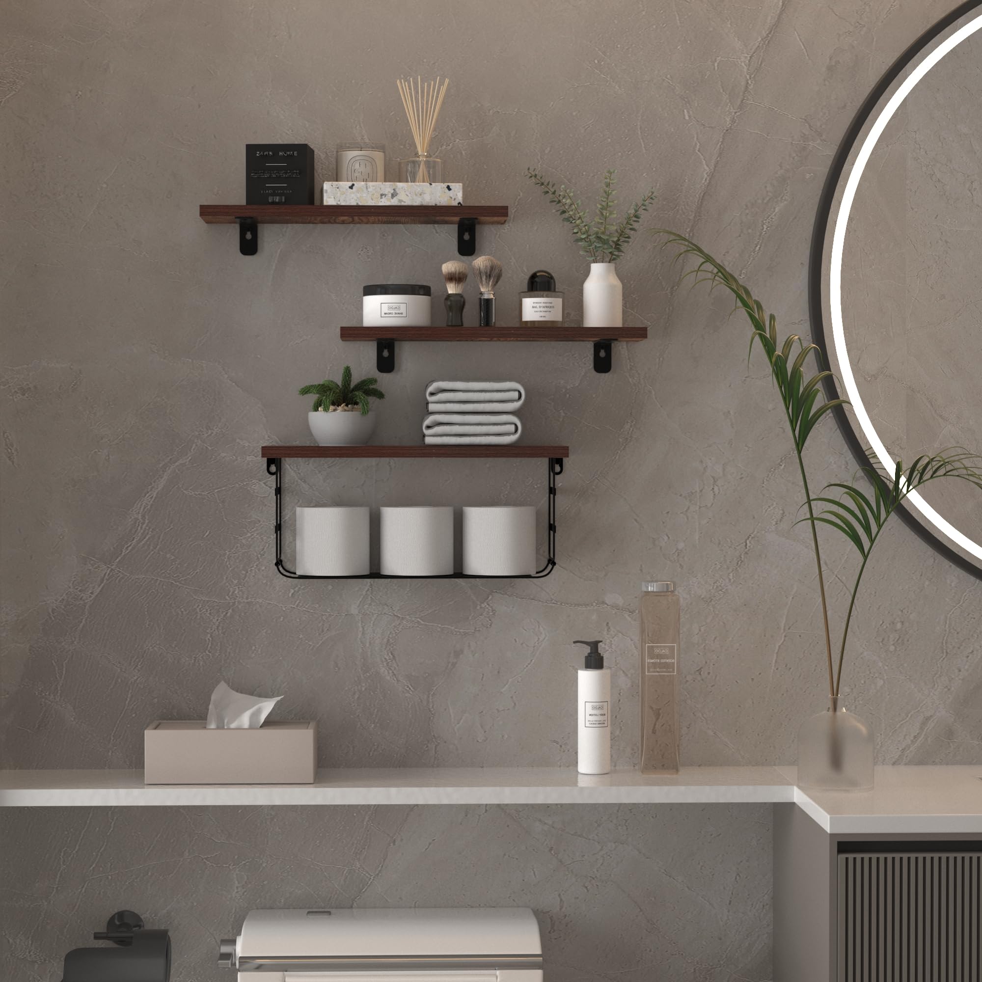 Lavezee Floating Shelves for Wall Decor, Bathroom Shelf Over Toilet Paper Storage with Wire Basket Shelving Set of 3, Rustic Brown