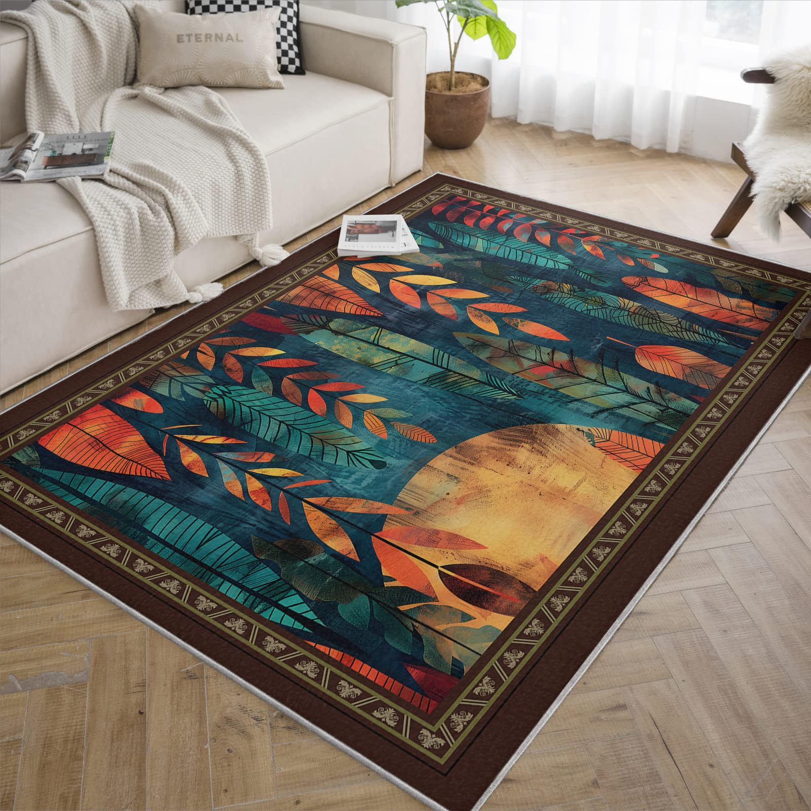Nadający się do prania dywan 200 x 300 cm, do salonu, antypoślizgowy, z niskim runem, do sypialni, w kształcie liści tropikalnych, jadalni, pod stołem, abstrakcyjny styl boho, miękki, nie spadający