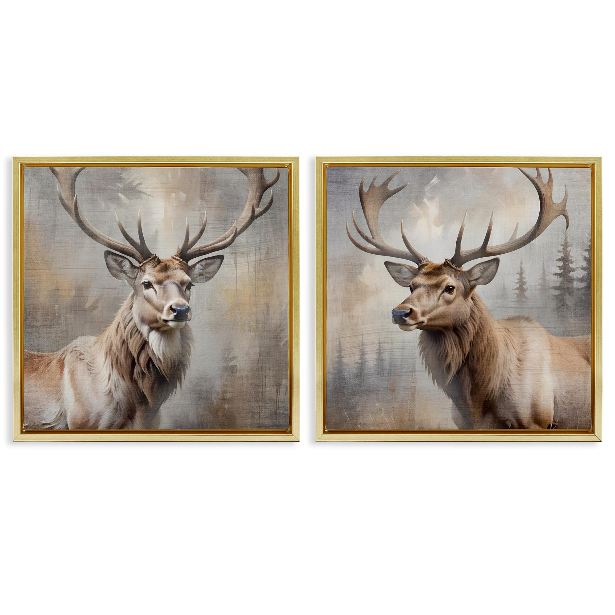 Stupell Industries 'Glancing Forest Stags', 2pc Floating Frame Art Set 2, Gold, 25 x 25 Inches, Easy to Hang and Sturdy, Made in USA, by Susan Arnot