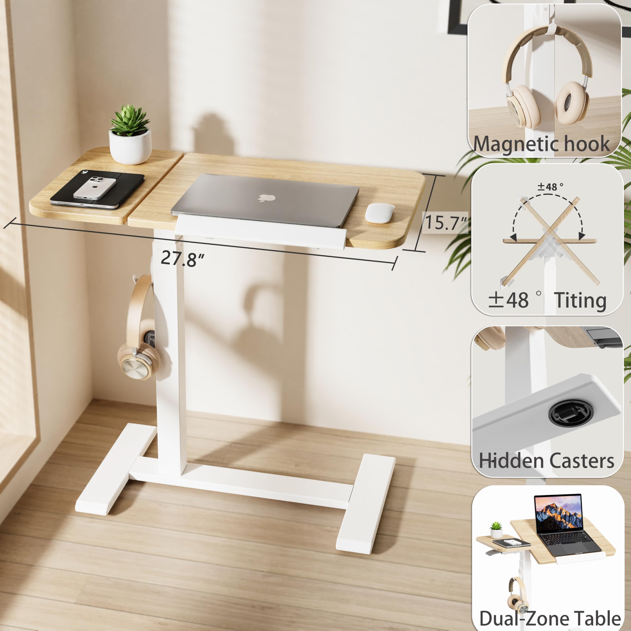 ETHU Tavolo per computer portatile regolabile in altezza, tavolino multifunzione con piano di lavoro inclinabile e ruote incassate, tavolo da letto portatile ergonomico per ufficio e casa (quercia)