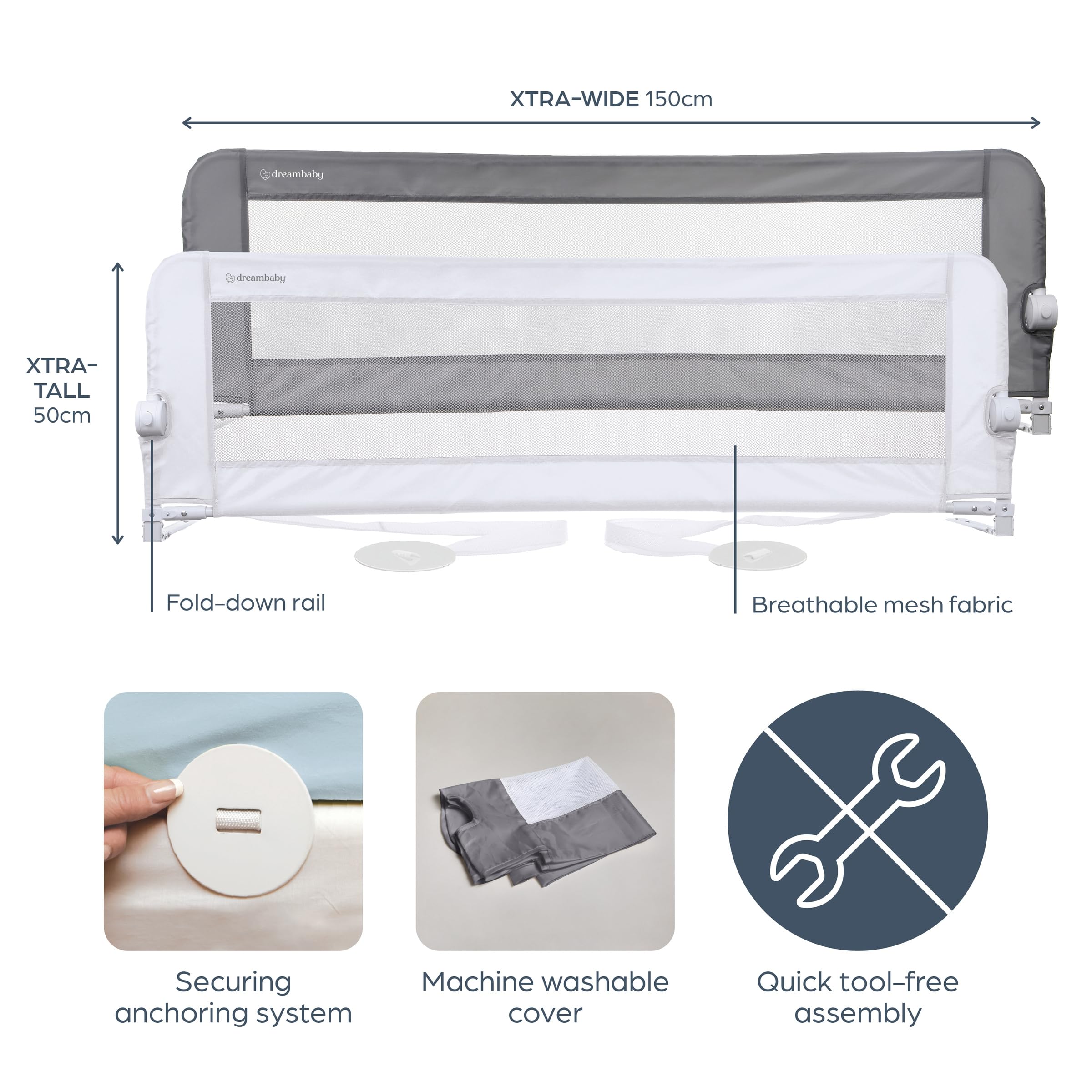Dreambaby Nicole Bettschutzgitter für Kleinkinder – Extra Breit 150 cm & 50 cm Hoch – Einfache Montage, Waschbarer Bezug, Sicherer Übergang vom Kinderbett ins Bett – Passend für Kingsize-Betten – Grau
