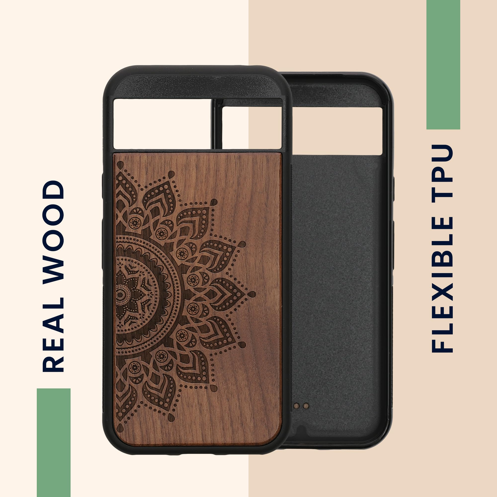 Custodia In Legno Naturale Per Google Pixel 8a – Design Tristo Mietitore, Intarsio Conchiglie, Antiurto - 4