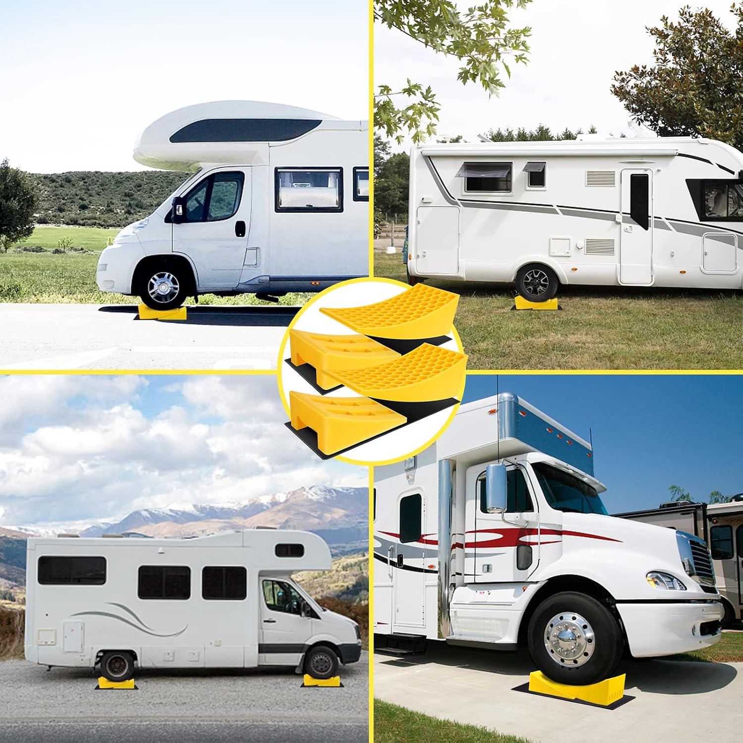 Eazy2hD Camper Leveler 2 Pack - RV Leveling Blocks, Includes Two Curved Levelers, Two Chocks, and Two Rubber Grip Mats, Heavy Duty Leveler Works for Camper