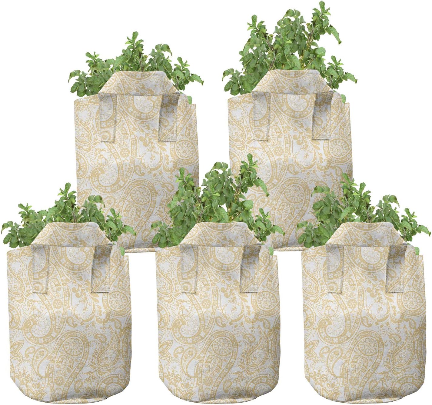 Ambesonne Paisley Grow Bags 5-Pack, Monochrome Ornaments, Heavyduty Fabric Pots with Handles for Plants, Pastel Brown and White