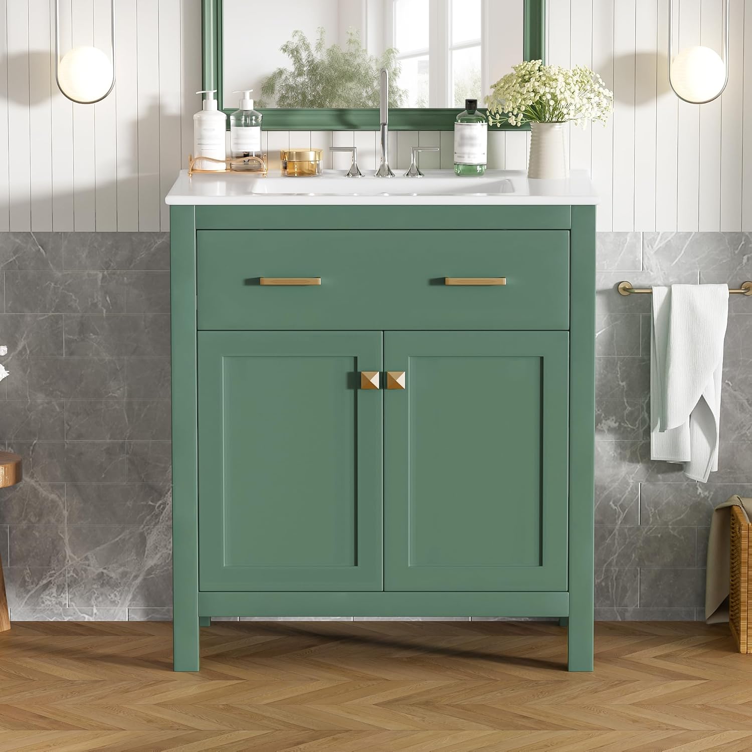 Bathroom Vanity,60-inch Modern Double Sink,Set w/Two Separate Cabinets,Ceramic Sinks,Soft-Close Doors,and Flip Drawers,Efficient ​​Space-Saving​​ ​​Organization​​ in Spacious Bathrooms,Green