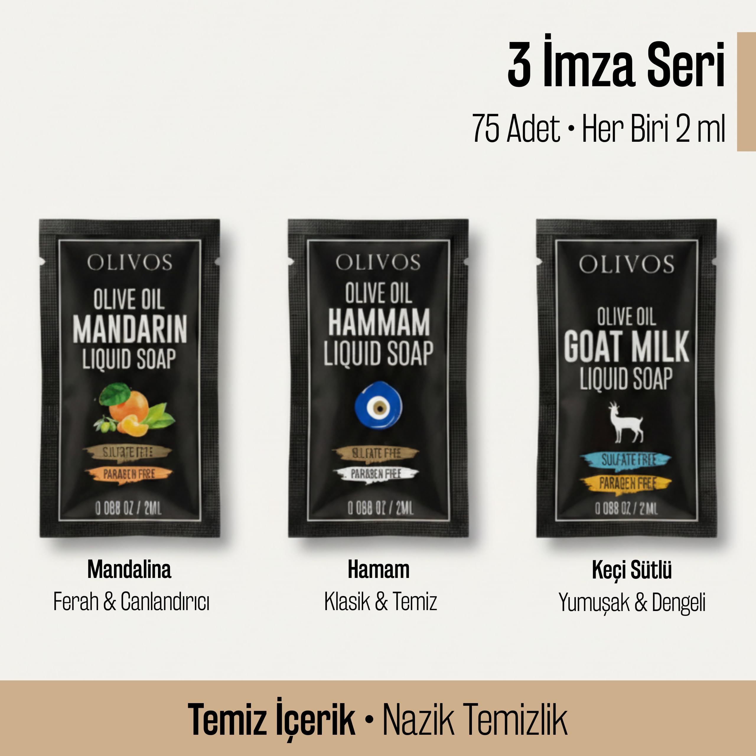 OLIVOS Tek Kullanımlık Zeytinyağlı Sıvı Sabun Seti, 2 ml x 75 Adet, Mandalina Hamam Keçi Sütü Serileri, Okul Seyahat Otel için, Paraben ve Sülfat İçermez, El Temizliği