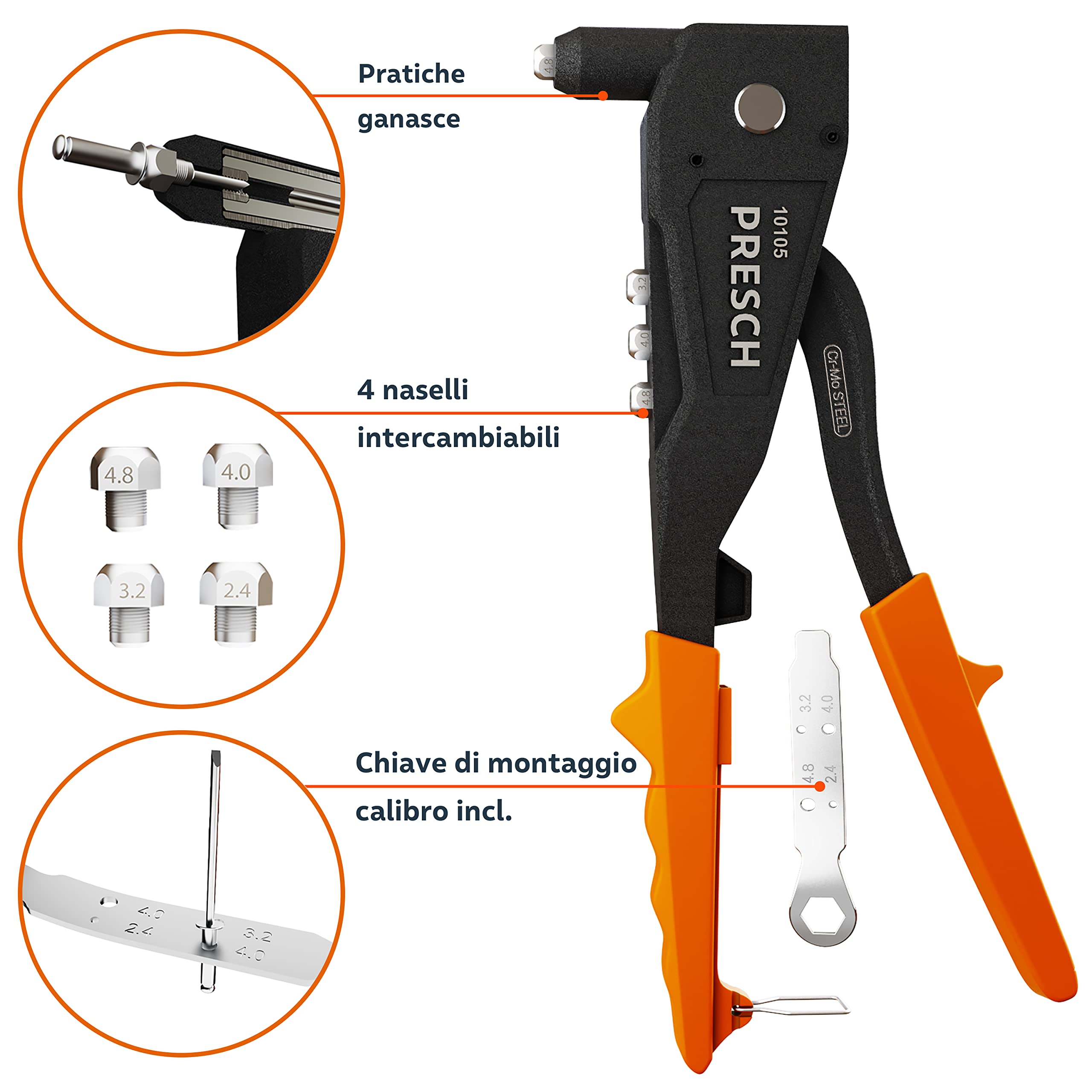 Presch Rivettatrice Manuale per rivetti ciechi, calibro incl. - Pistola rivettatrice robusta - Acciaio inossidabile Ø 2,4, 3,2, 4,0mm e acciaio-alluminio fino a 4,8mm