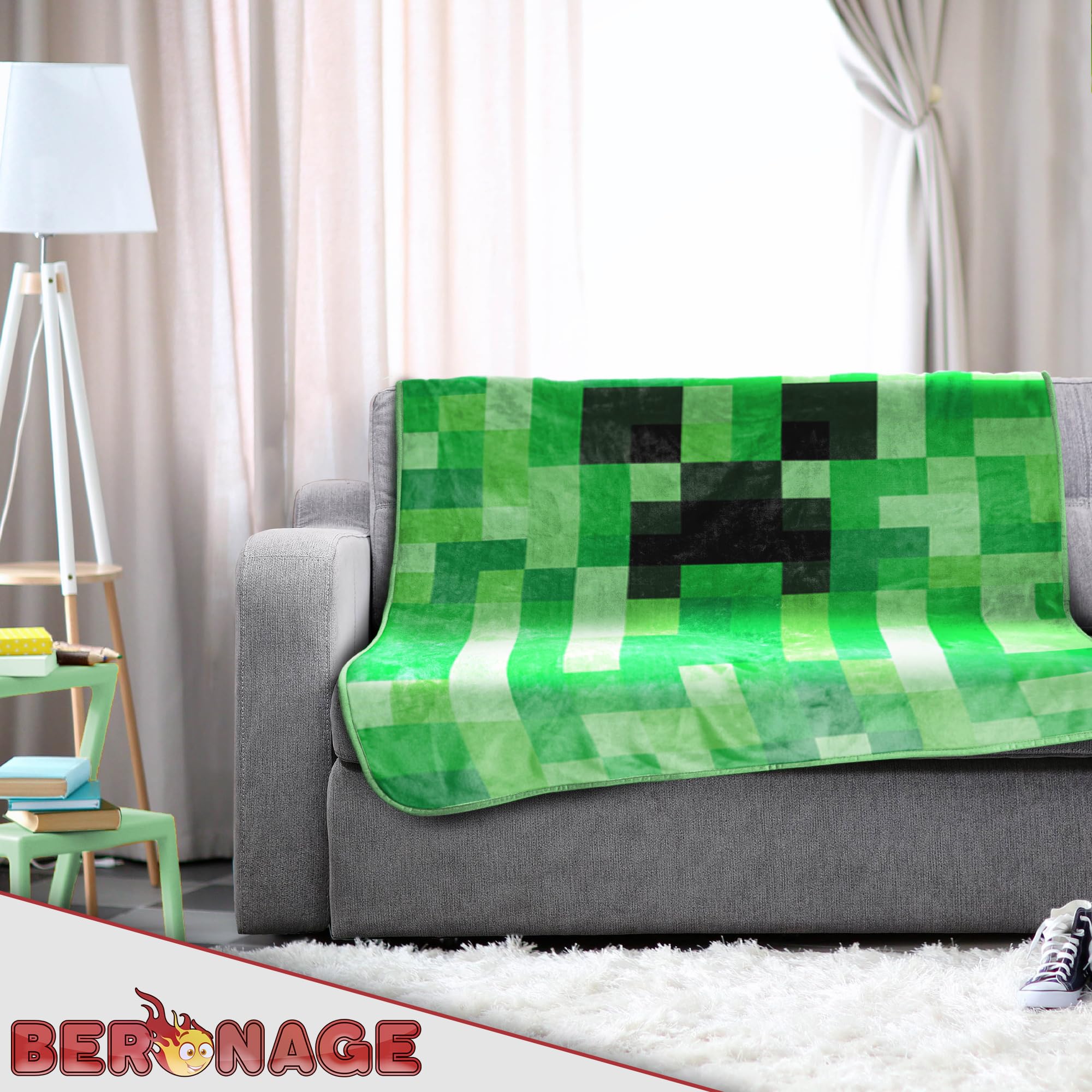 BERONAGE Minecraft Creeper Kuscheldecke 150x200 Cm - Offizielle Gaming Decke Für Gamer