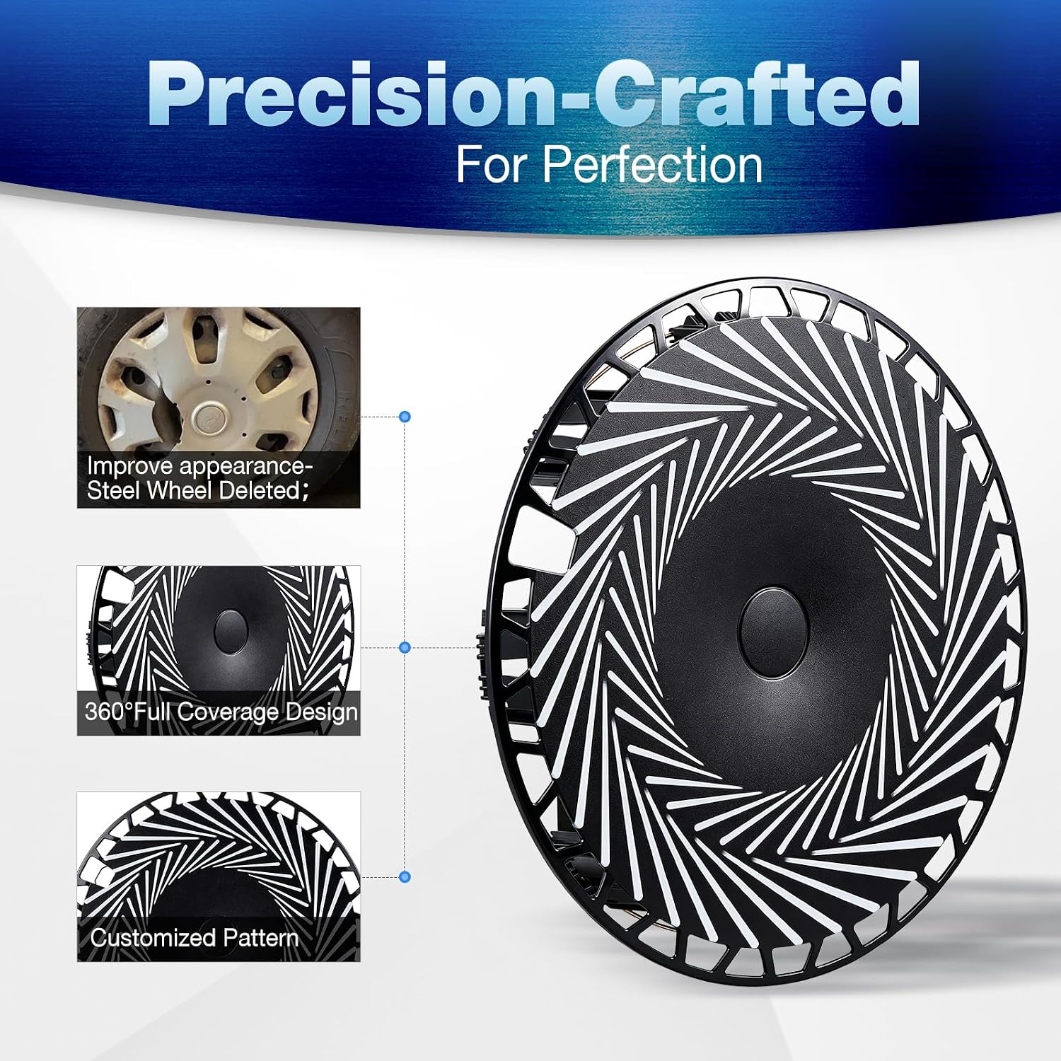 17-Inch UV Painted Universal Flat Hubcaps, Snap-On Design ABS Plastic Wheel Covers, Durable Automotive Wheel Hub Caps Fit for 17’’ Standard Steel Wheels, Black & White Set of 4 -UV025 Style