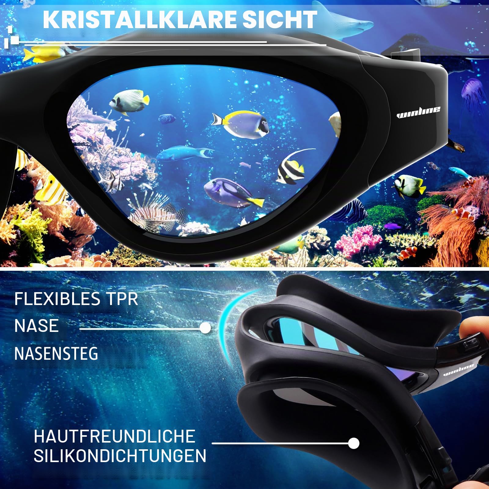 Winline Schwimmbrille Erwachsene Jugendliche,Anti-Beschlag-UV-Schutz Wasserdicht klare Sicht einfach einzustellen mit weichen Nasenstegen für Herren Damen