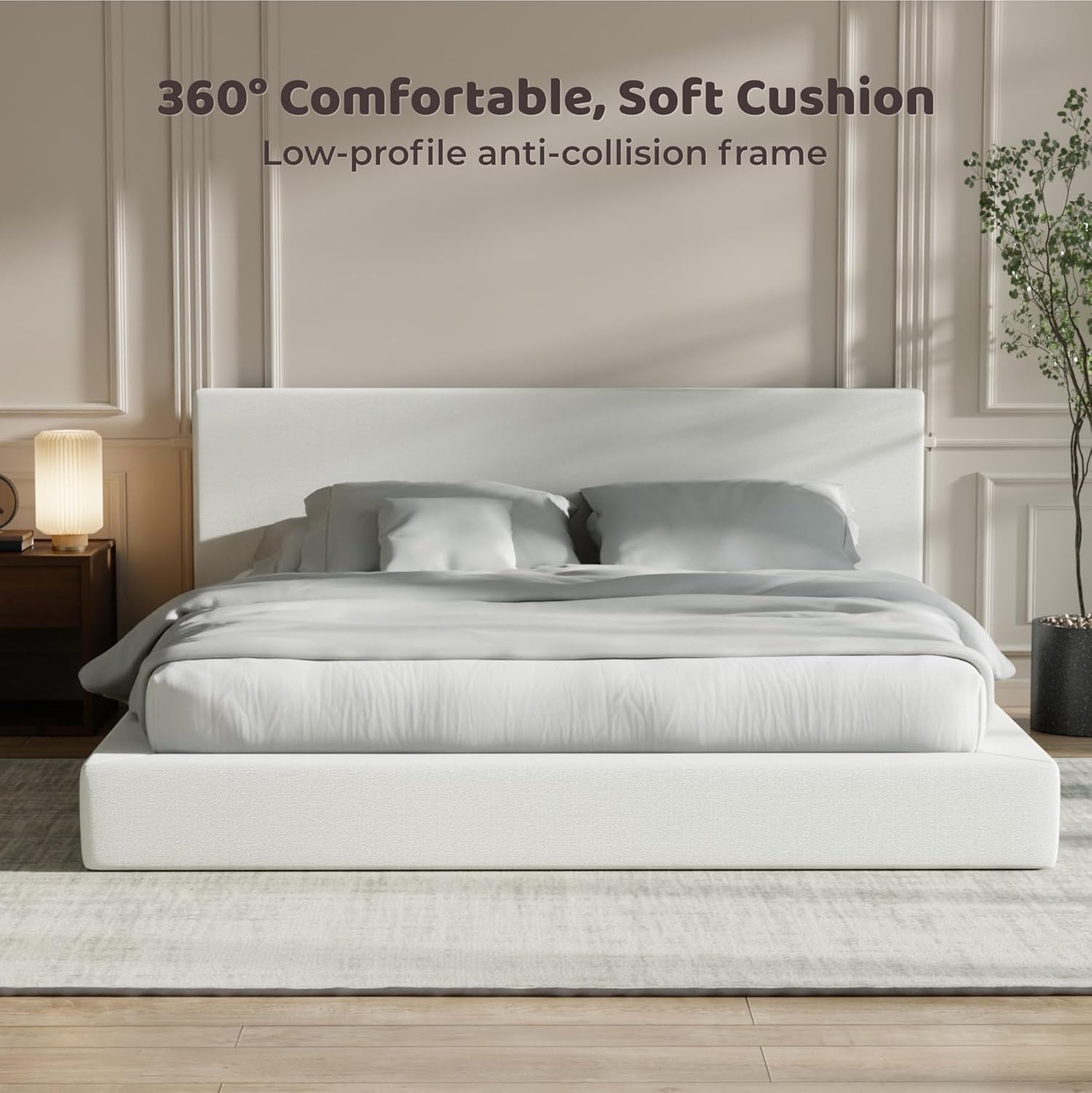 RECCI AirFrame King Size Bed Frame with Headboard, Cloud Upholstered Platform Bed Frame, 5 Inch Foam Cushioned, No Box Spring, Easy Assembly(Snow White)