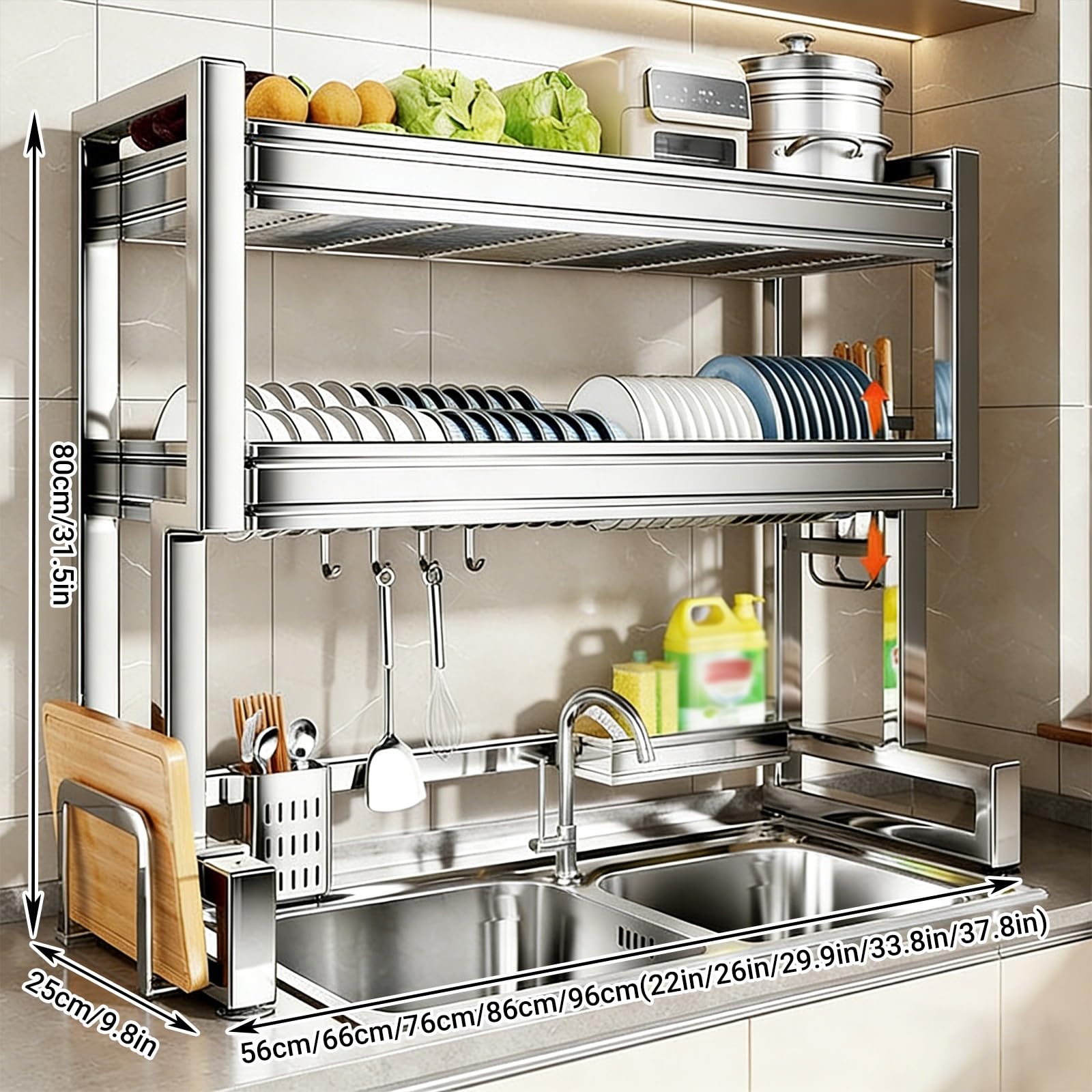 Escurridor de platos de acero inoxidable, estante de secado que ahorra espacio para almacenamiento de cocina, platos, vasos, cubiertos