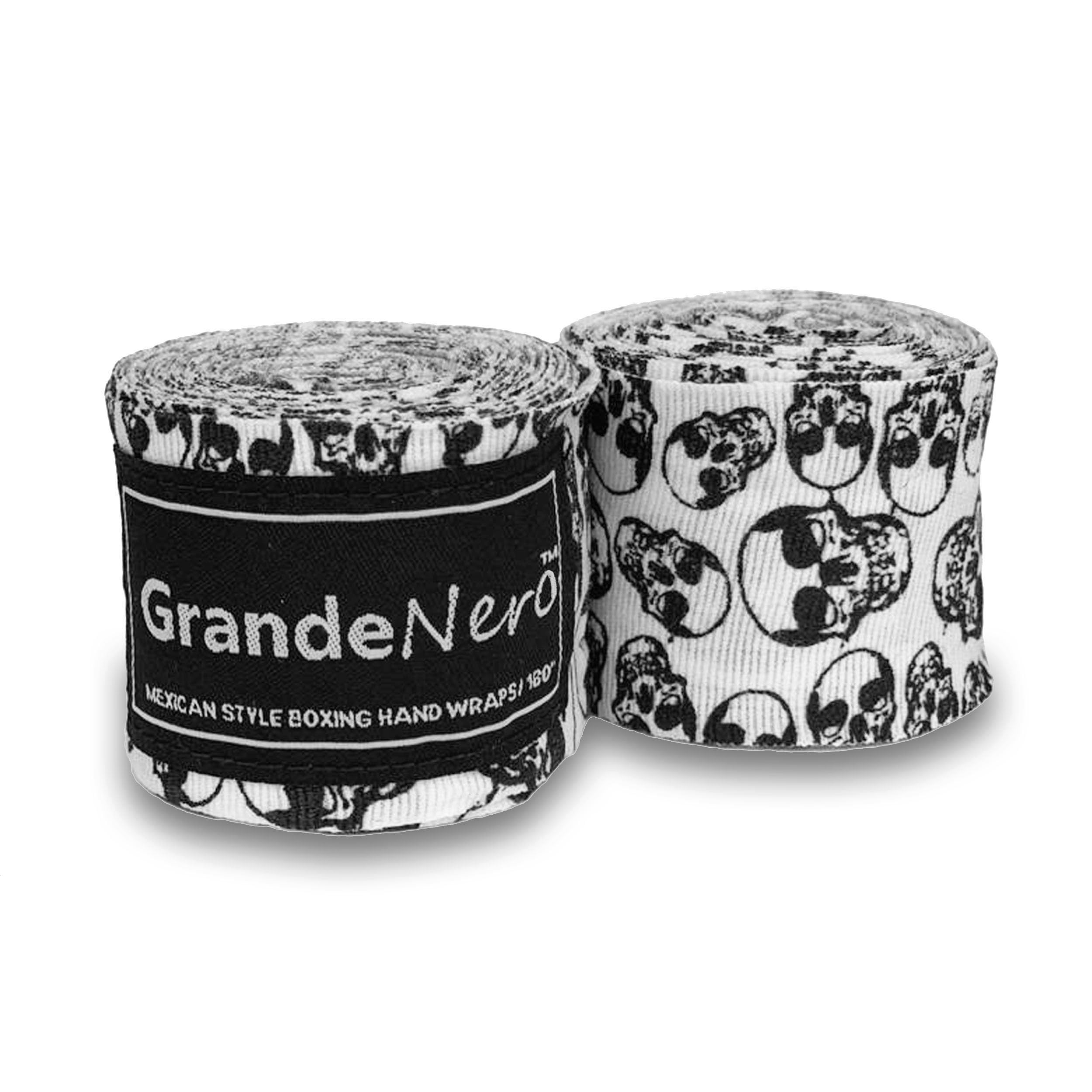 GrandeNero Semi Elastic 180 Inch Hand Wraps for Boxing, MMA, Kickboxing, Muay Thai/Mexican Style Hand Wraps (White Skull)