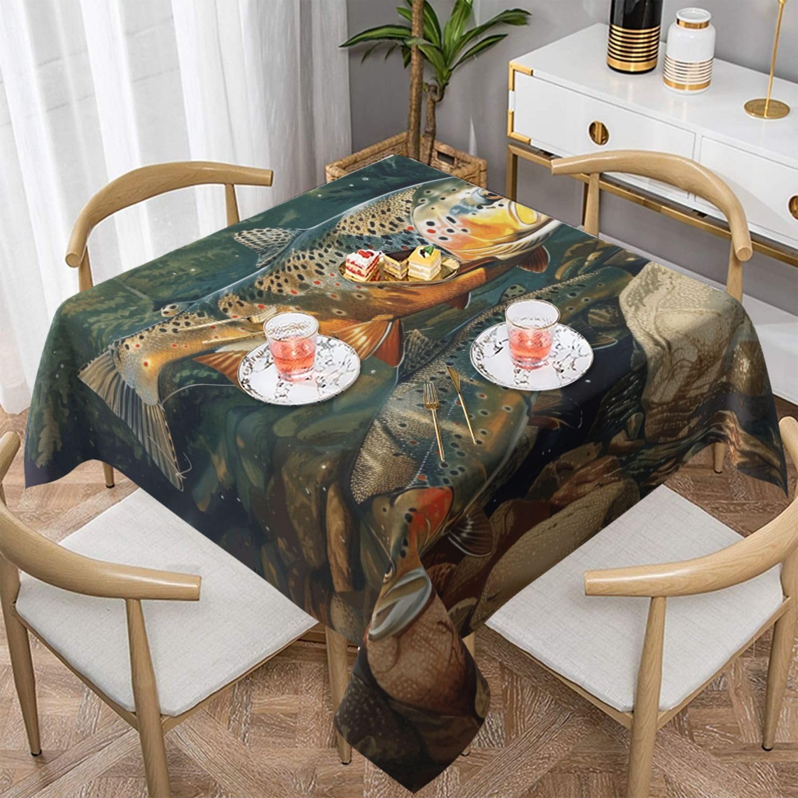 WPKJU Brook Trout Fly Fishing Printed Square Tablecloth 60x60 inch Water Resistant Table Cover Washable Rectangle Table Cloth for Dining Tables