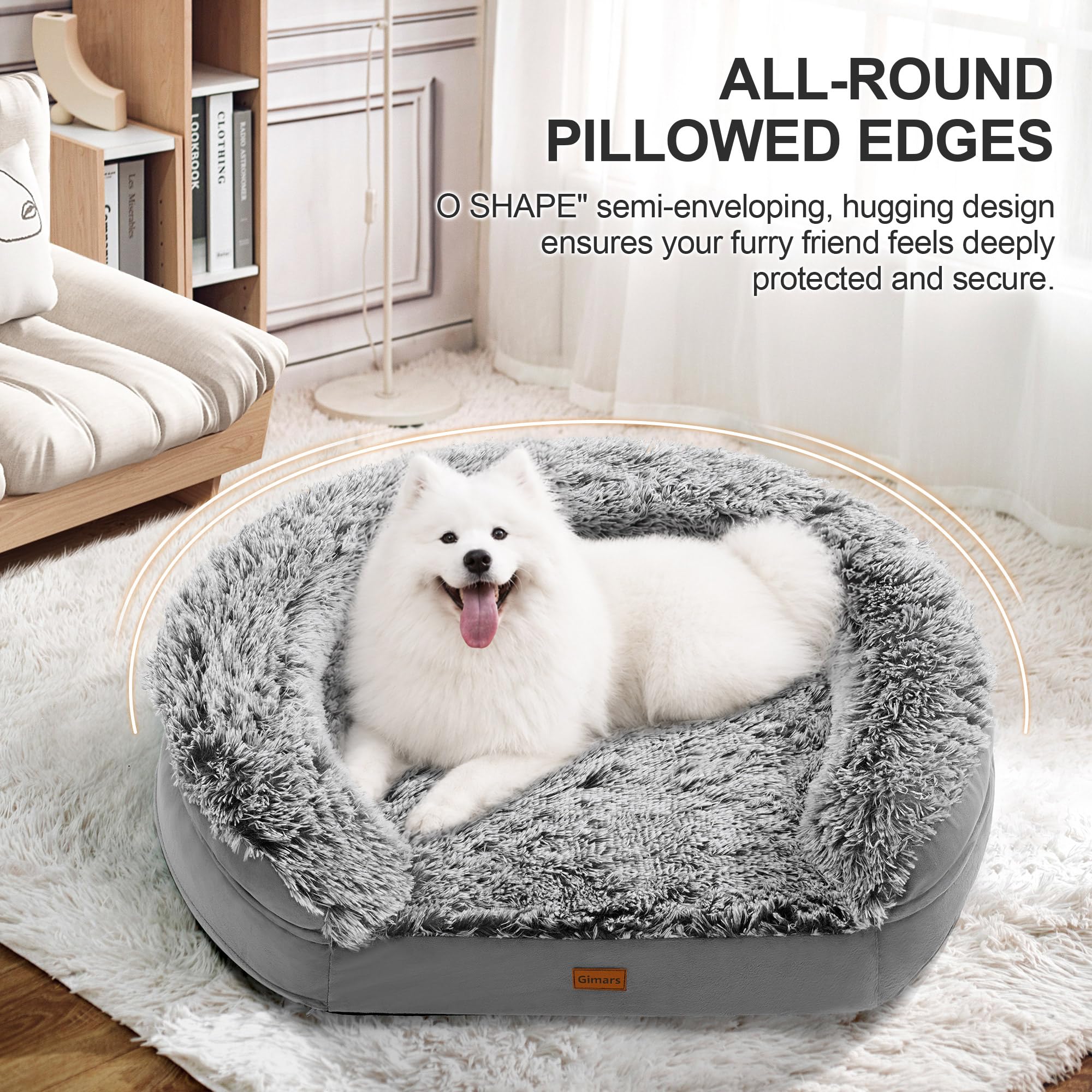 Gimars 9,5 cm Dickes XL Orthopädisches Hundebett für Sehr Grosse Hunde, Stützendes Hundesofa mit 28D Eierkarton-Schaum, Abnehmbarer Waschbar Plüschbezug, wasserdichte Innenhülle, Halbrund
