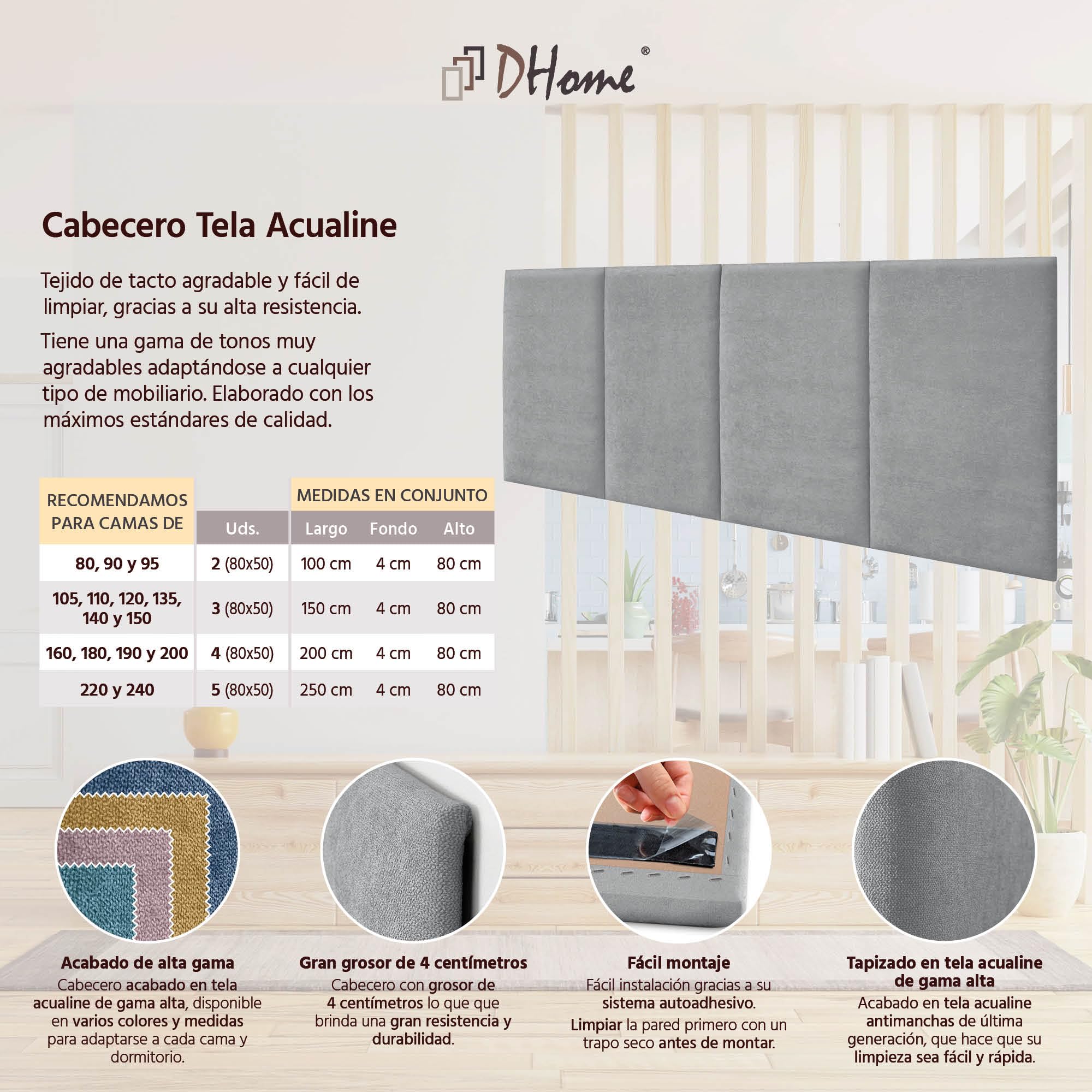 DHOME Cabecero Tapizado Tela Aqualine Premium Antimanchas Diseño Modular Vertical Autoadhesivo Cabezal Cama Dormitorio Acolchado (Gris, 80cm, Altura 80 cm, x2)