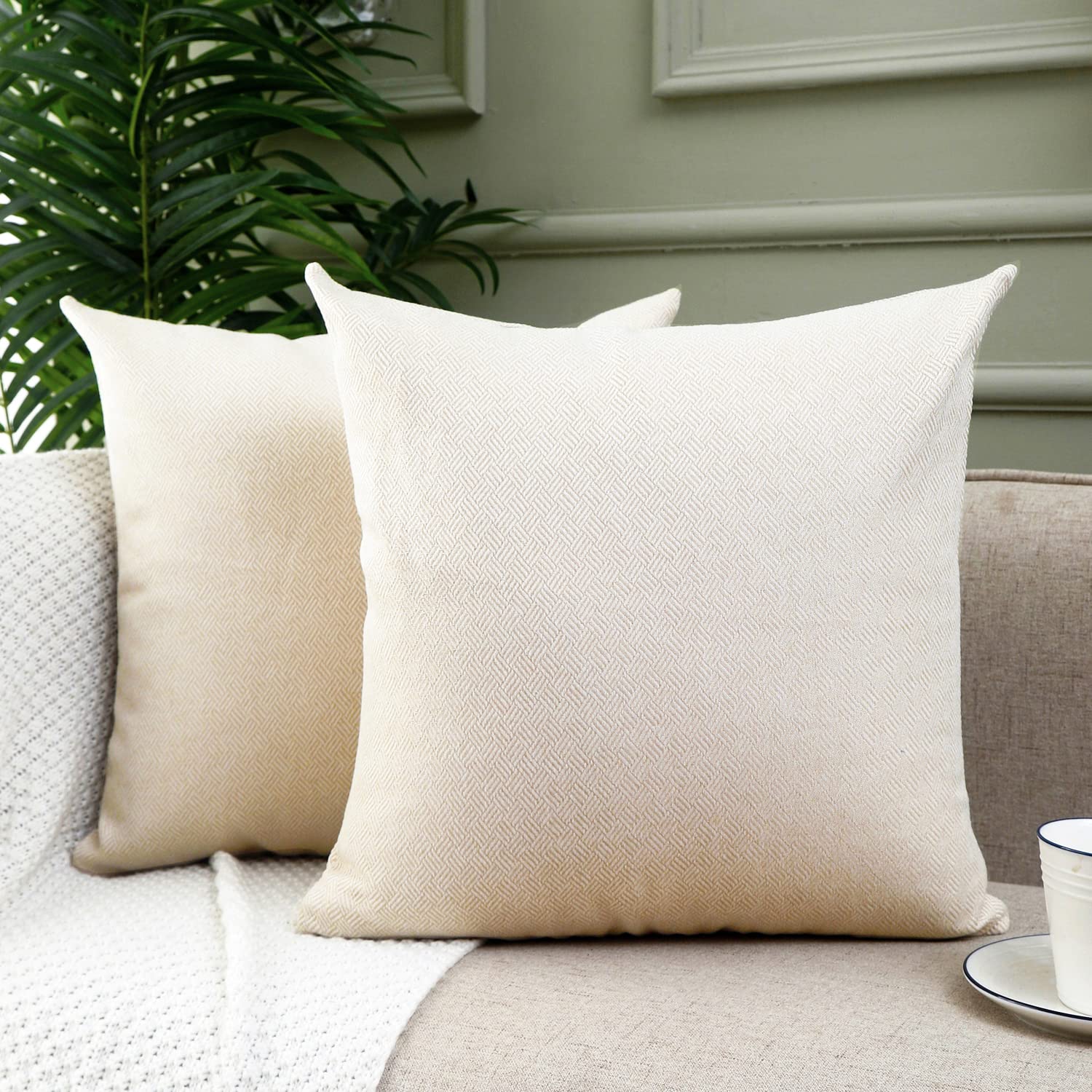 Jepeak Woven Textured Throw Pillow Covers Cases, Pack of 2 Decorative Farmhouse Faux Linen Cushion Covers for Sofa Bed Couch, Beige 22x22 Inch