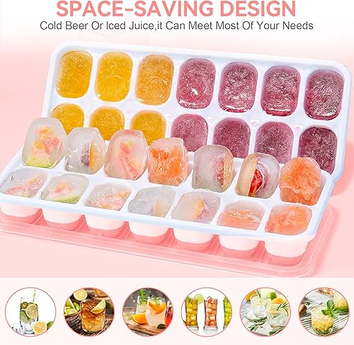 Miniatura 8 de Bandeja para cubitos de hielo, 14 moldes para cubitos de hielo con tapas, paquete de 2 bandejas de hielo de silicona, moldes apilables para cubitos