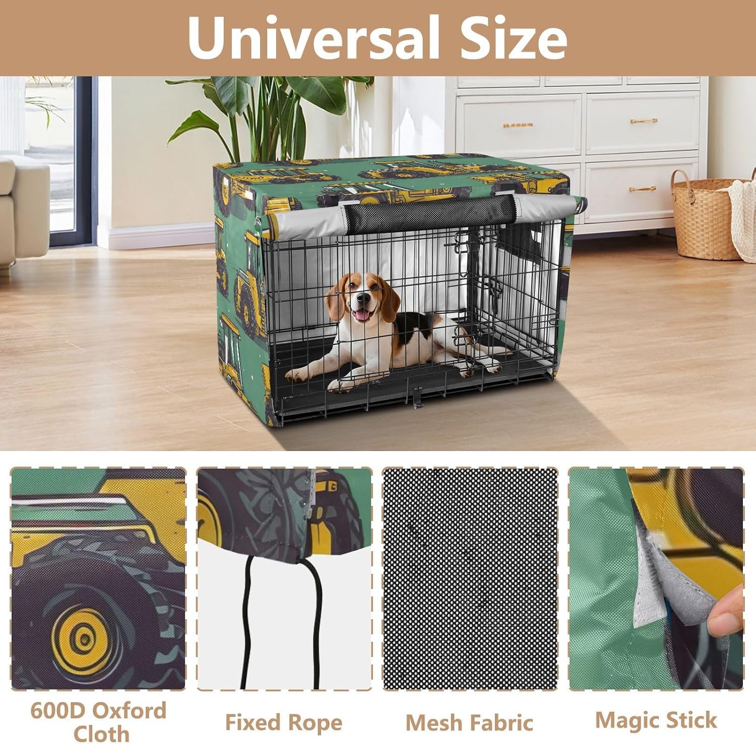 Construction Machinery Dog Crate Cover S-XL Breathable Pet Cage Cover with Mesh Windows, Reduces Barking, X-Large