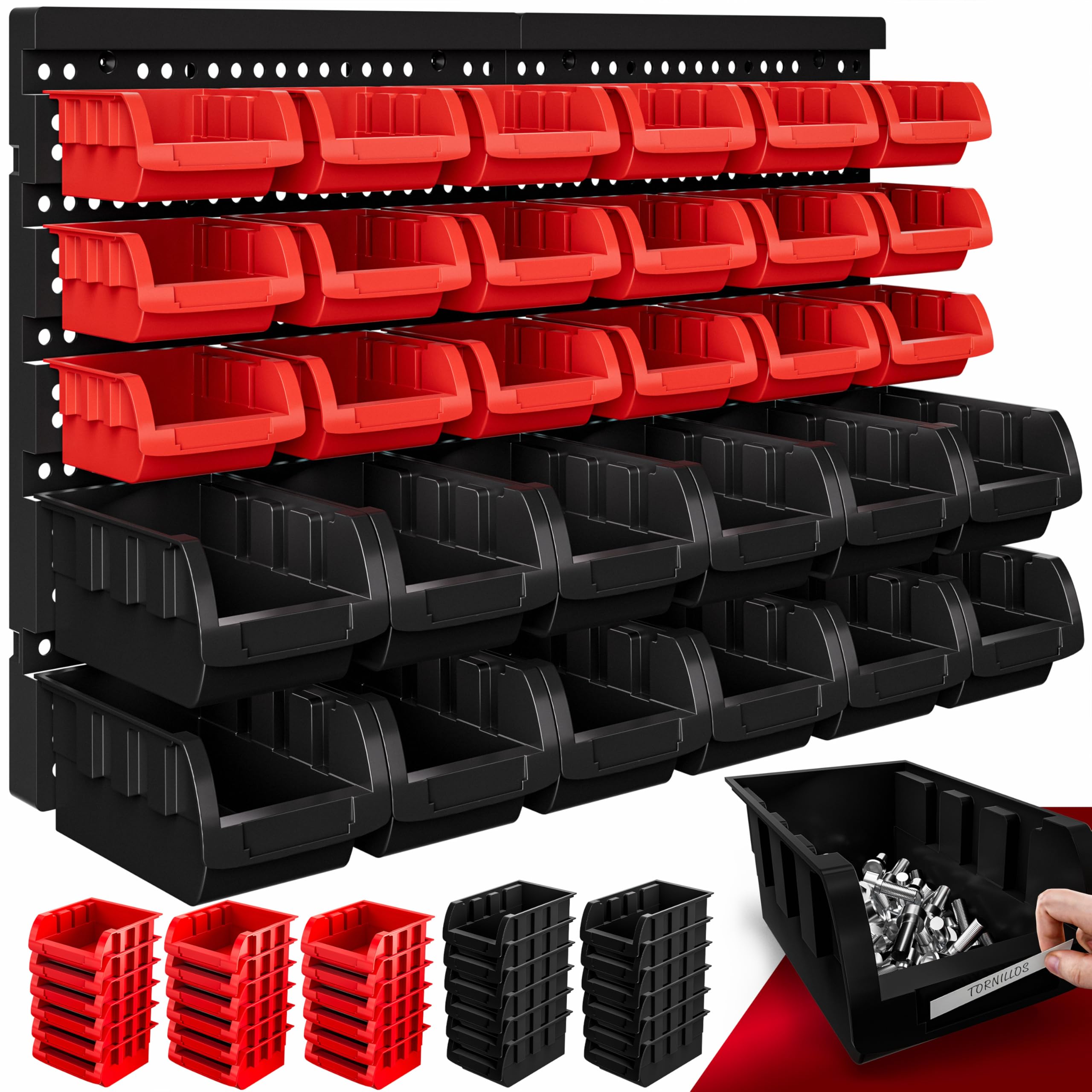 MONZANA® Cajas Apilables con Portaetiquetas Paneles Perforados Ampliables Portaherramientas Resistente Organizador Piezas Pequeñas Almacenamiento 32 Pzs