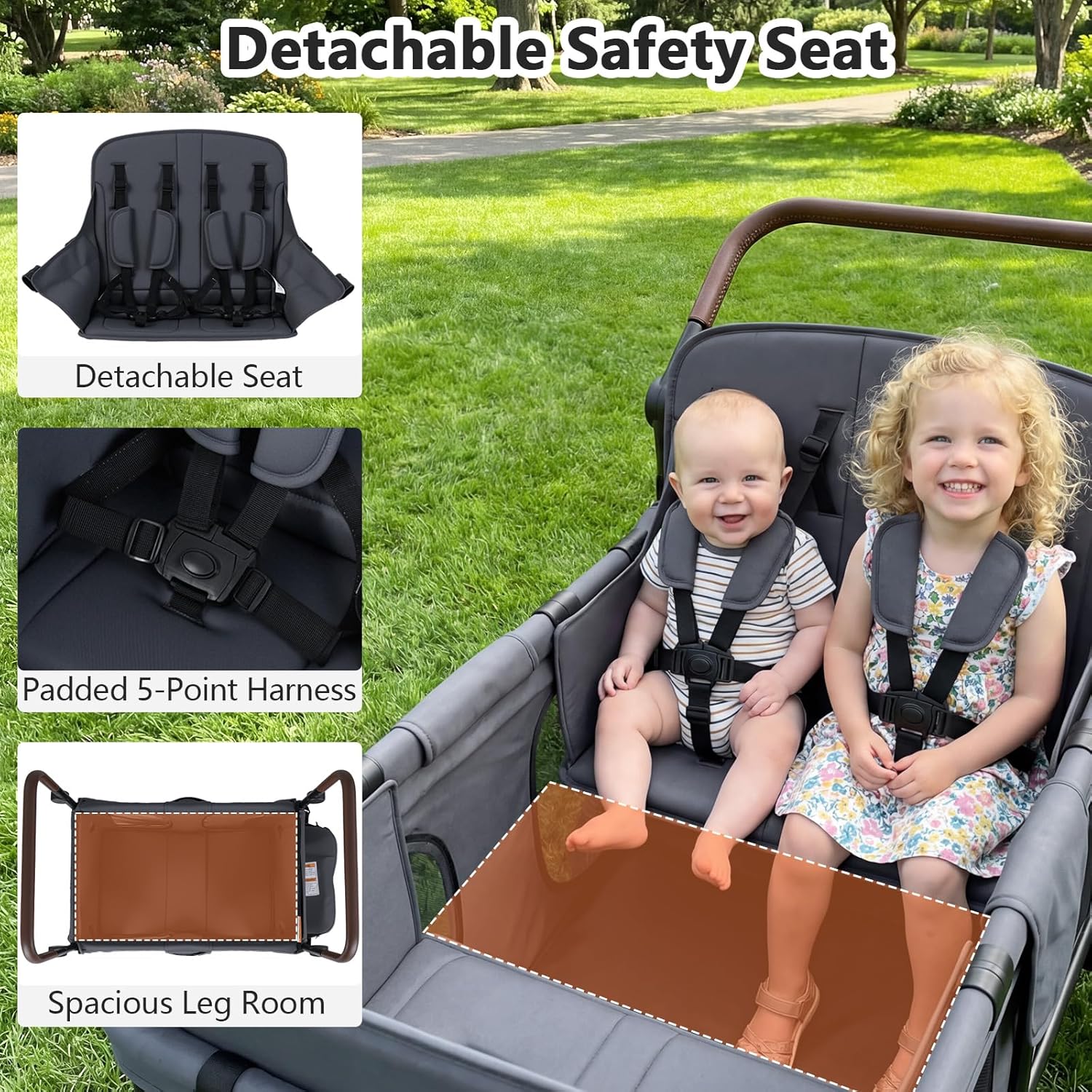 INFANS 4 Seater Wagon Stroller, All-Terrain Foldable Wagon for 4 Kids with Adjustable Push Pull Handles, 5-Point Harness, Detachable Seats, Snack Tray, Insulated Organizer, Removable Canopy (Grey)