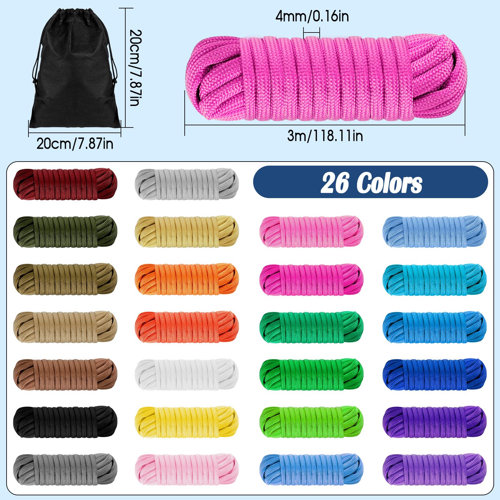 26 szt. Kolori linka paracord, wielofunkcyjna bransoletka Paracord 4 mm | Do bransoletek DIY, breloków, smyczy dla psów, namiotów, wędrówek na świeżym powietrzu, linek z 7 żyłek Paracord