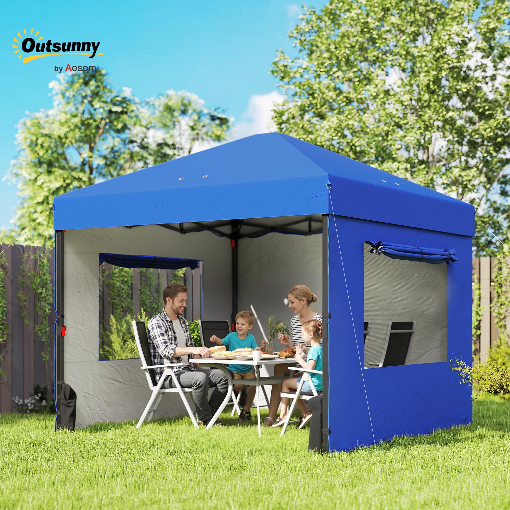 Outsunny Carpa Plegable 3x3 m Pop-up con 3 Paredes Laterales UPF50+ Azul | Cenador Pabellón de Jardín, 2 Ventanas Malla, Altura Ajustable 3 Niveles, Bolsa Transporte, Sacos Arena, Gazebo Exterior