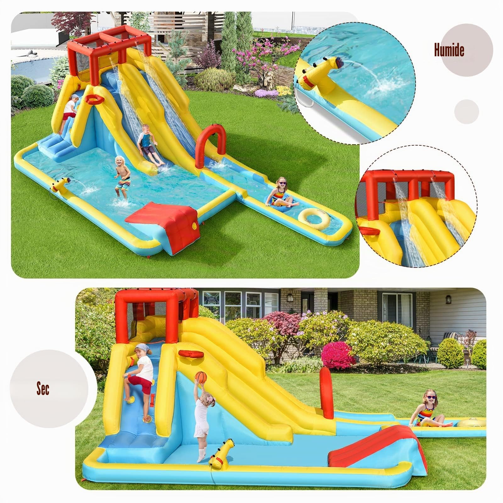 FANTASK Château Gonflable avec Sac de Transport, bouées, Basket-Ball Gonflable et kit de réparation Toboggan Aquatique, Parc Aquatique pour l'extérieur, avec Pistolet à Eau, Mur d'escalade et Panier