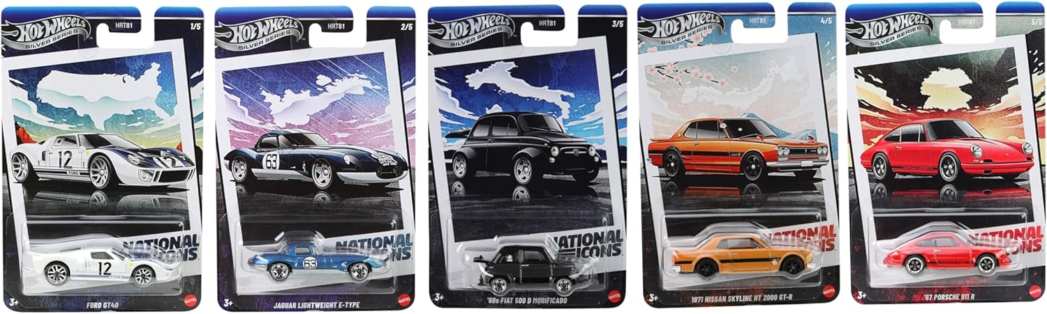 Hot Wheels National Icons Collection Silver Series – 5-Car Die‑Cast Bundle, 1:64 Scale, Ages 3+ (HRT81‑956G)