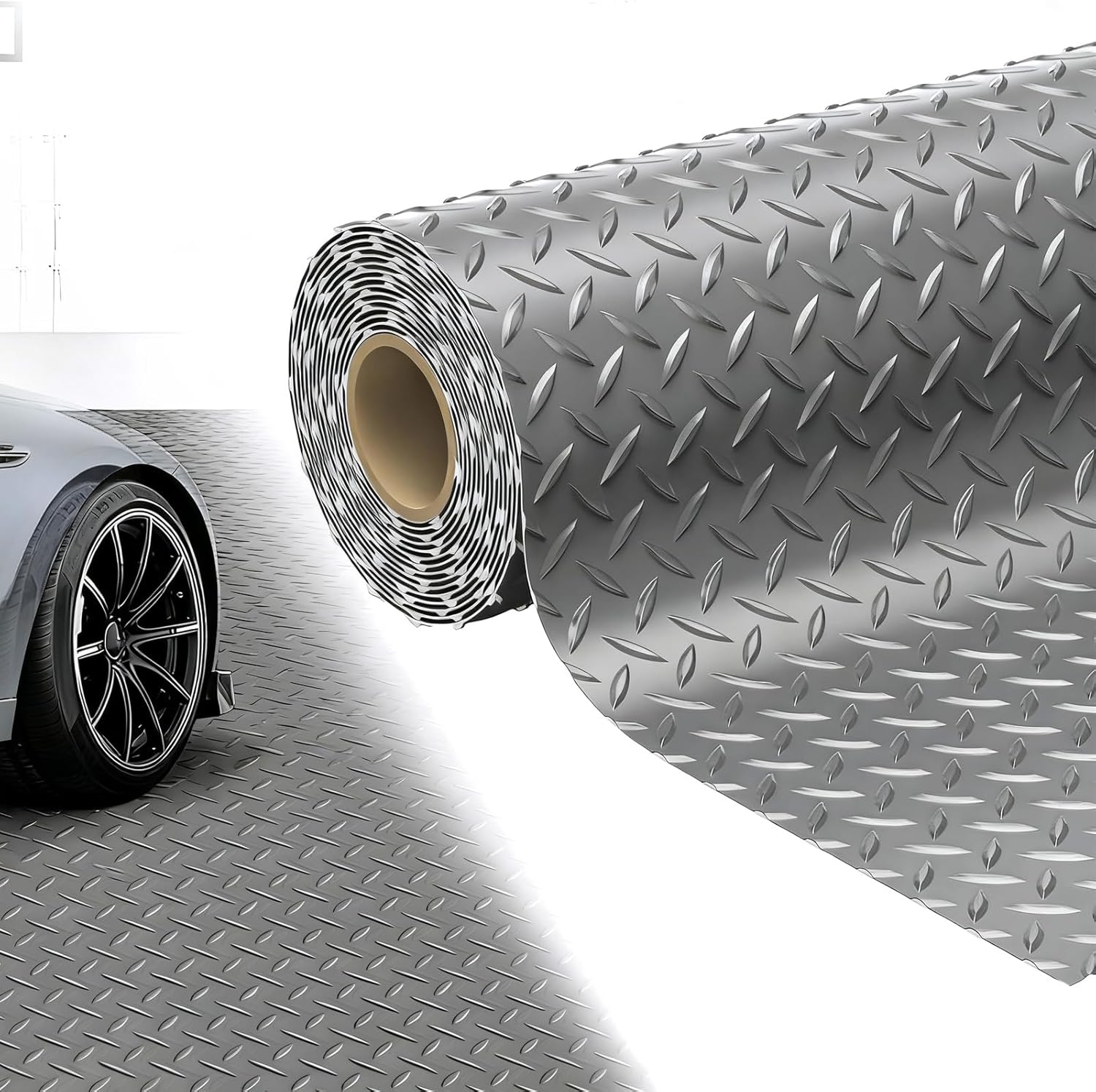 4x10 FT Garage Floor Mat, 2.8mm Thickened Diamond Plate PVC Rubber Heavy Duty Flooring Roll Covering Non-Slip Floor Protector Mat for Under Car Parking/Garage/Warehouse/Gyms/Trailer (Gray)