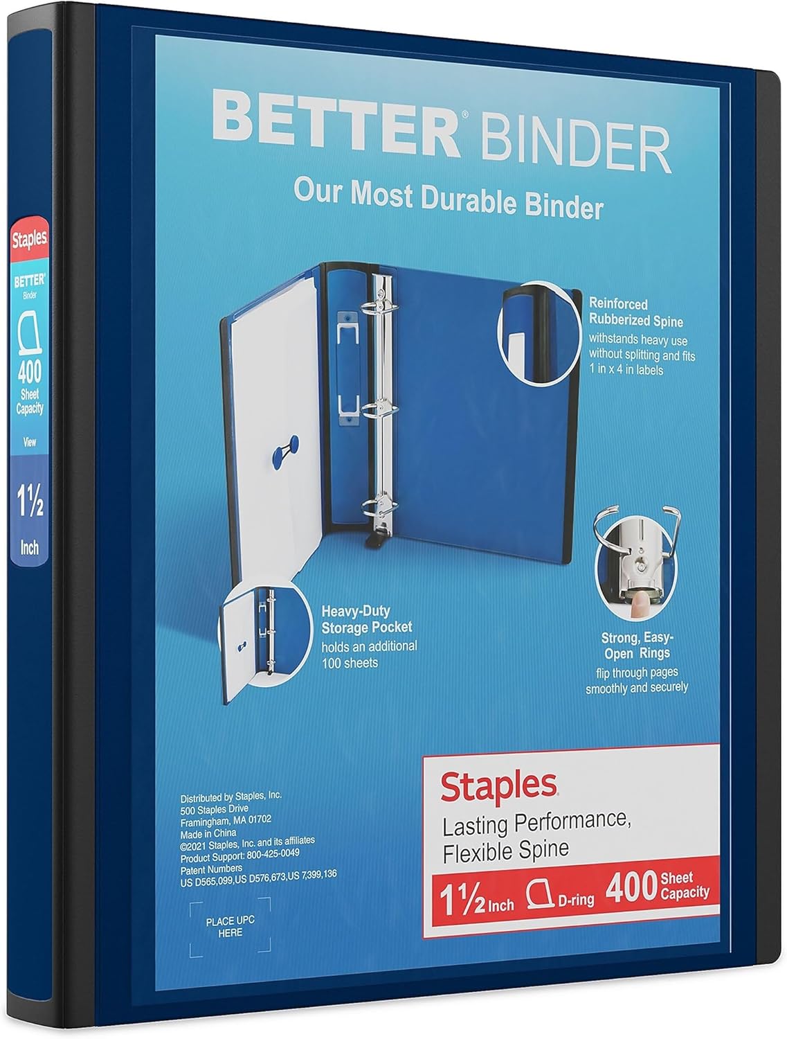 Staples Better Binder, 1.5" Heavy‑Duty D‑Ring 3‑Ring Binder, Navy Blue, Reinforced Spine, Holds 400 Sheets, Long‑Lasting School & Office Organizer, 3‑Pack