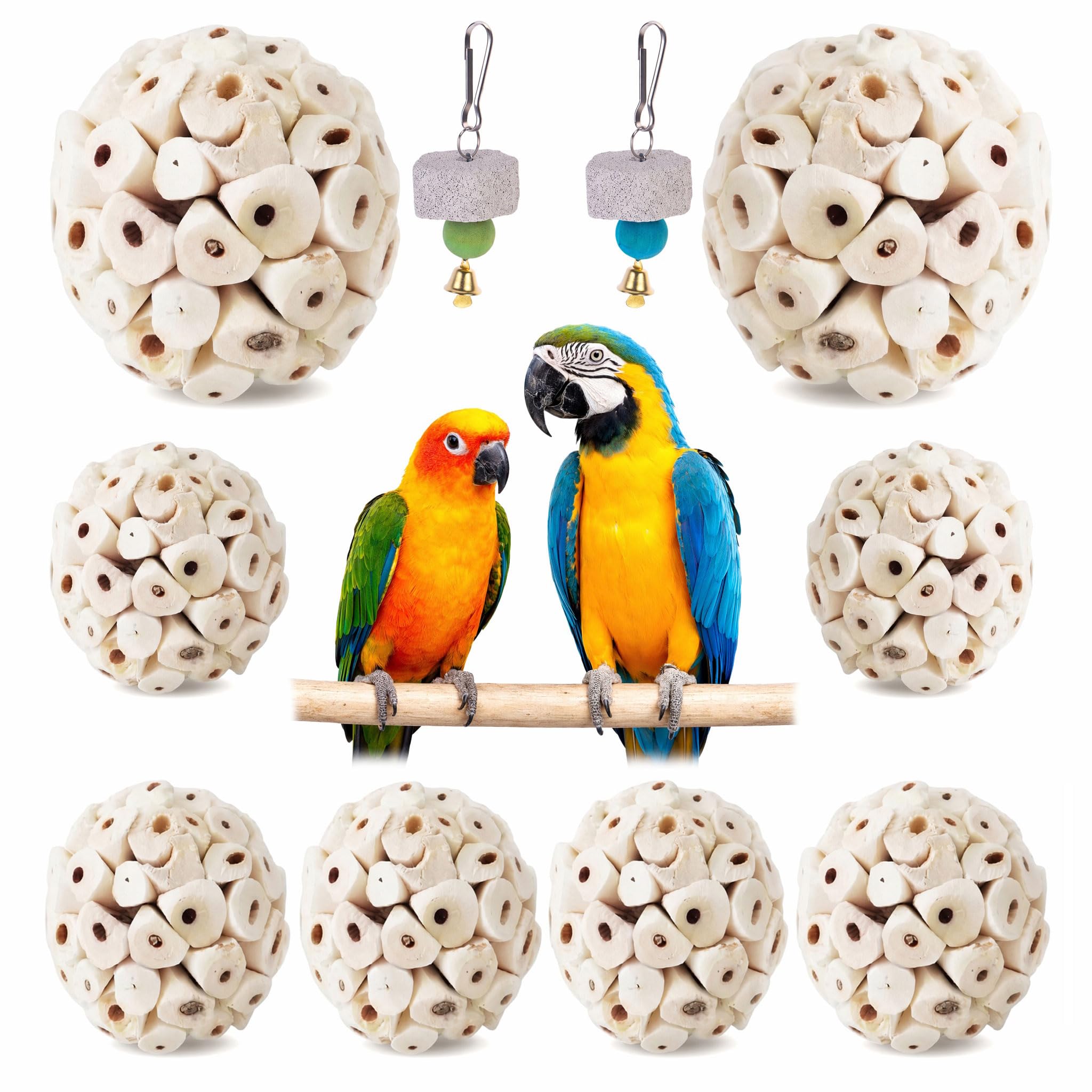 XIAOjnHONG 8 Pcs Natural Sola Balls, Wood Bird Toys Parrot Hanging Soft Chew Shred Forage Toys Hamster Ball with 2Pcs Molar String for Small Pets Budgie Cockatiel Lovebird Parrotlet