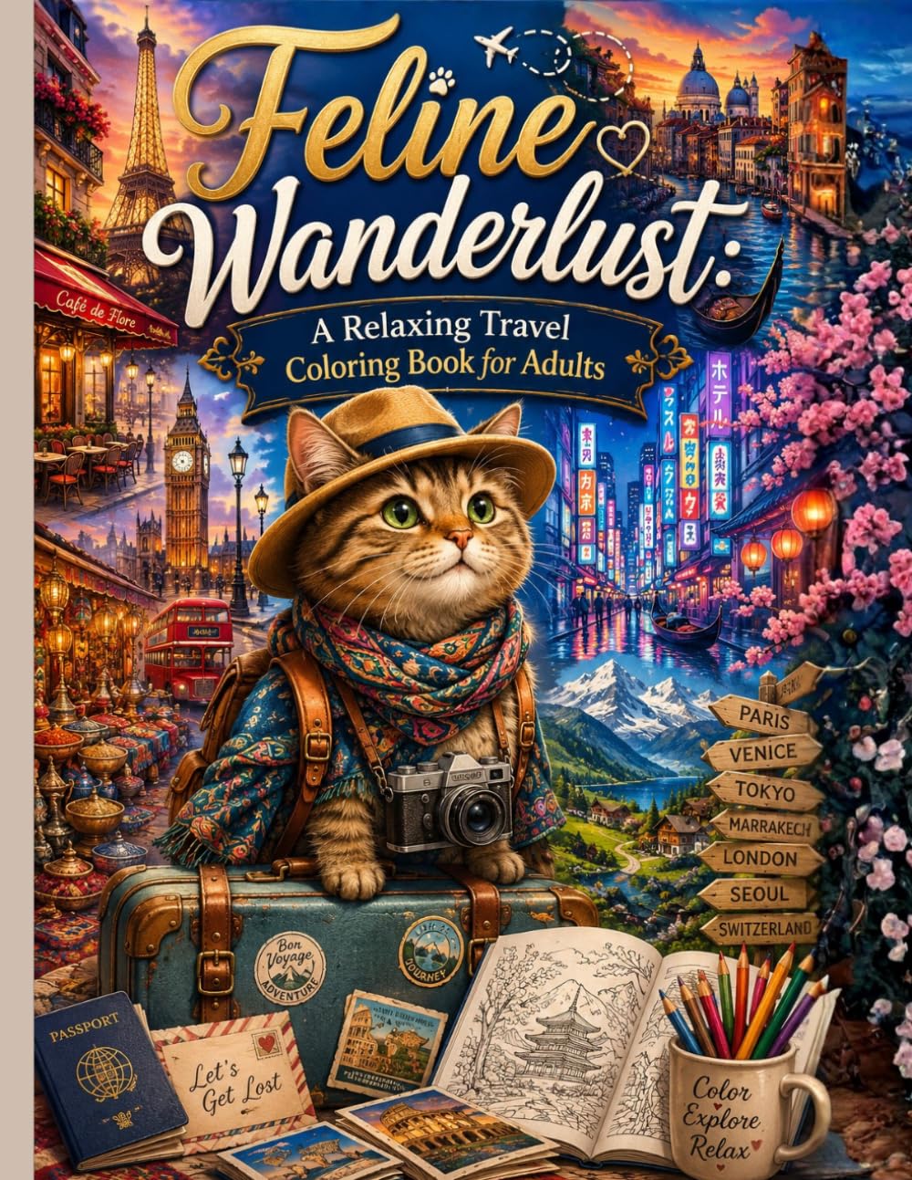 Feline Wanderlust: A Relaxing Travel Coloring Book for Adults