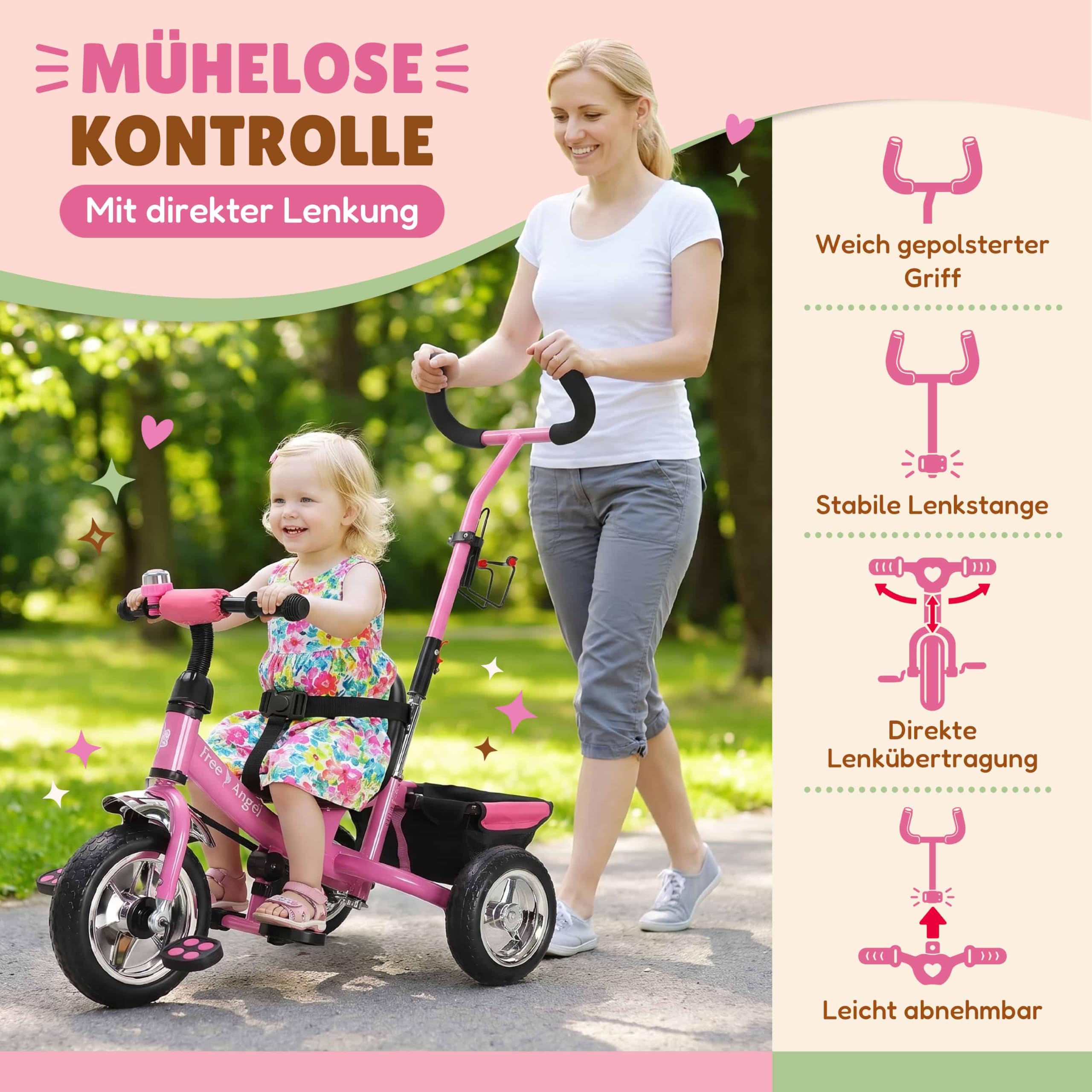Spielwerk® Dreirad 2in1 mit Schubstange ab 1 Jahr Getränkehalter Kinderdreirad Klappbare Fußablage Baby Buggy Laufrad Kinderwagen Kleinkind Rosa