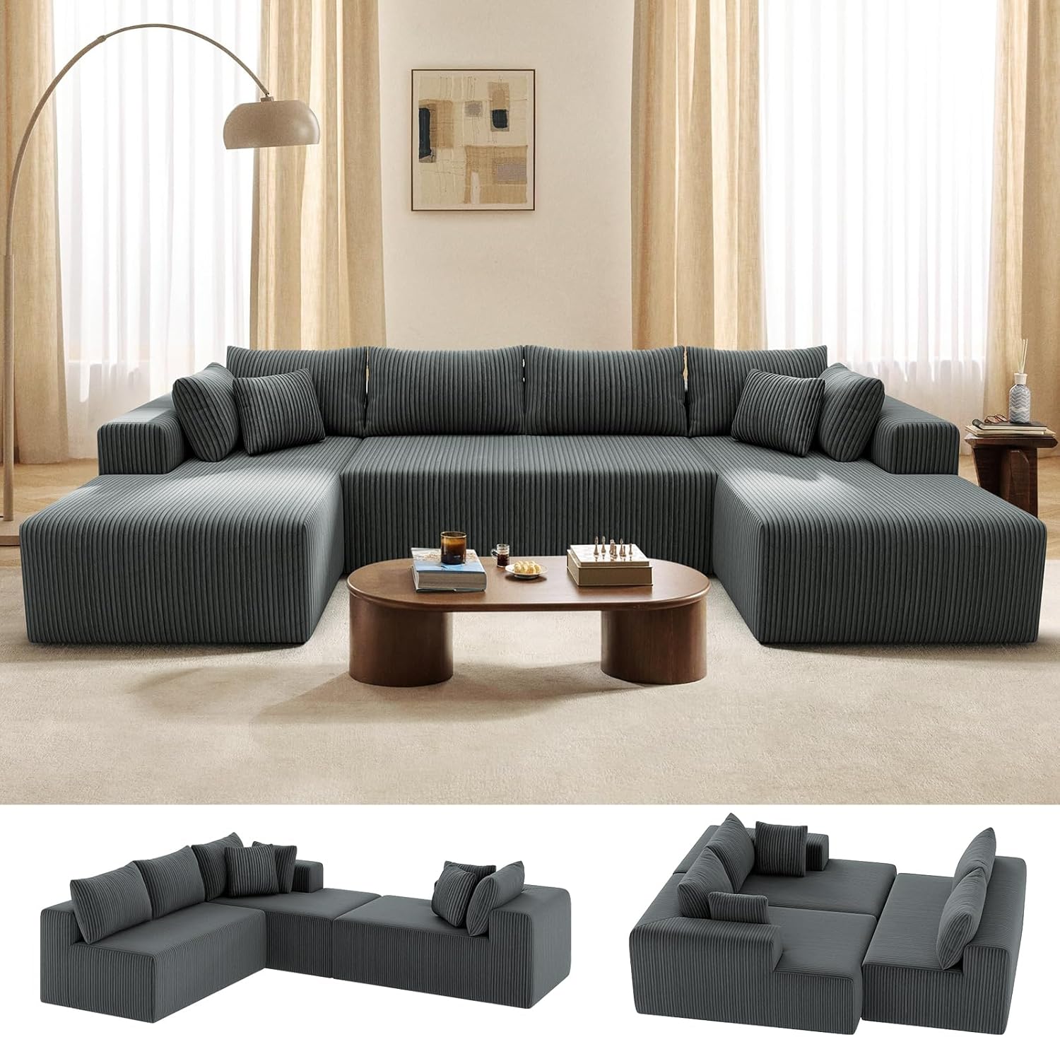 134'' Modular Boneless Couches for Living Room, Cloud Couch U-Shaped Sectional Sofa, Corduroy Deep Seat Sofa with 2 Chaise Lounges and 1 Loveseat, 30D High-Resilience Foam, No Assembly, Gray