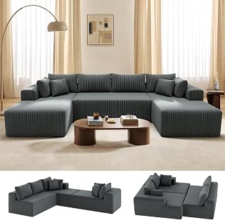 134'' Modular Boneless Couches for Living Room, Cloud Couch U-Shaped Sectional Sofa, Corduroy Deep Seat Sofa with 2 Chaise Lounges and 1 Loveseat, 30D High-Resilience Foam, No Assembly, Gray