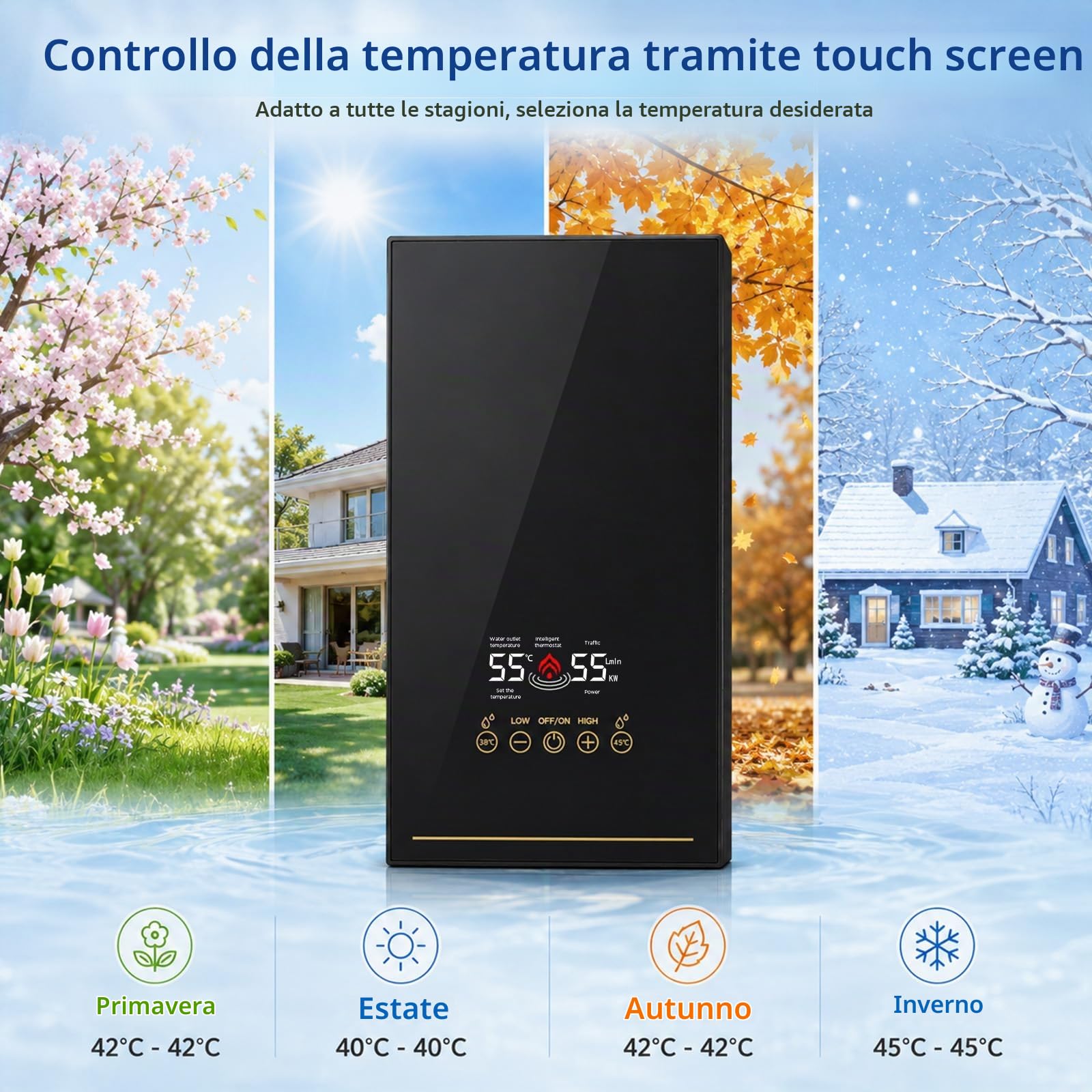 Mini Scaldabagno Istantaneo 5500 W, Scaldabagno Elettronico Istantaneo con Display a LED, Temperatura Regolabile 30 a 55 °C, Piccolo Scaldabagno Istantaneo per Doccia, Bagno, Cucina, Giardino