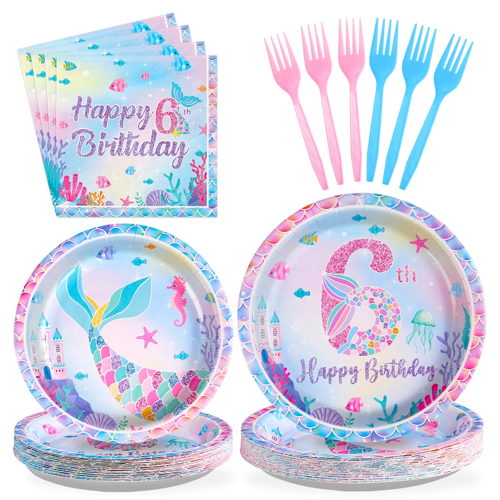 96Pcs Mermaid 6th Birthday Party Decorations for Girls Little Mermaid Plates and Napkins Tableware Sets Under the Sea Theme Decorations for Baby Shower 6 Years old Party Supplies Serves 24