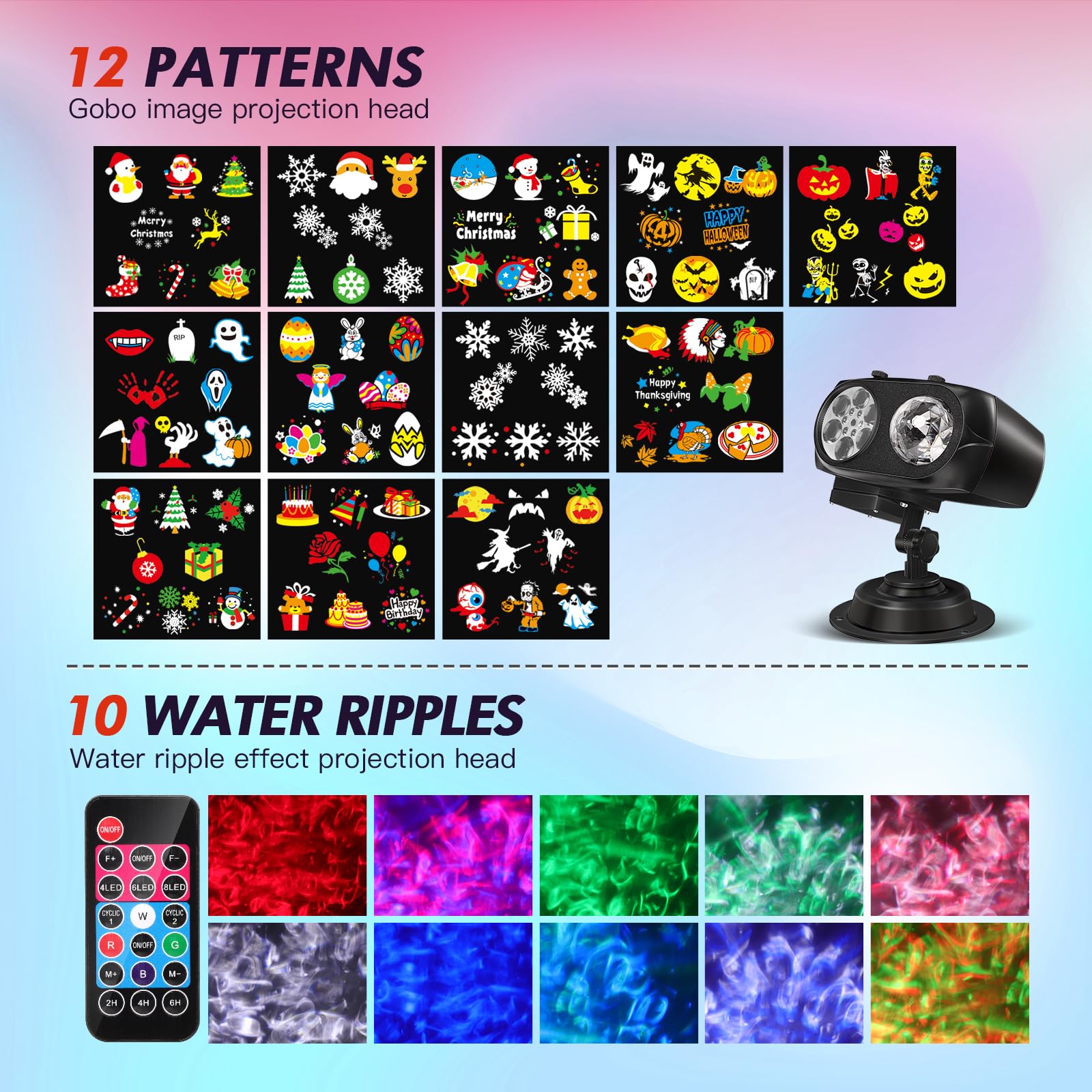 Projektor Weihnachten Aussen, 2-in-1 Dynamische Projektor Lichter 96 Cartoon,12 Themen,10 Wasserwelleneffekt mit Fernsteuerung Timer Weihnachtsdeko außen Innen Wasserdichte mit für Weihnachten Party