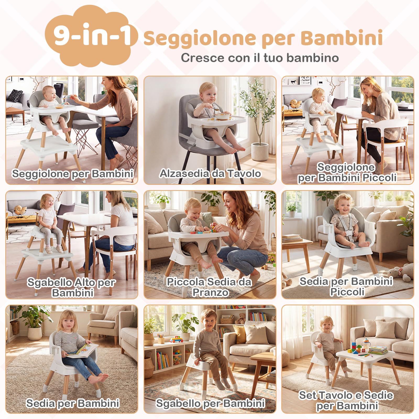 COSTWAY Seggiolone Pappa per Bambini, Seggiolone Convertibile con Cintura e Vassoio Rimovibile, Sedia Evolutiva per Neonati, Telaio in Legno Massello, per Neonati 6-36 Mesi (Grigio Chiaro)