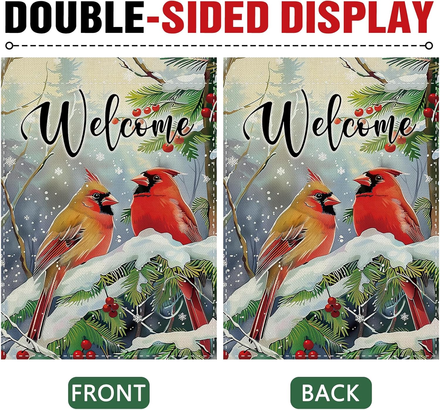 Dyrenson Welcome Winter Cardinal Decorative Garden Flag, Snowy Red Birds Pine Tree Forest Yard Outside Home Decoration, Christmas Seasonal Berry Burlap Outdoor Small Decor Double Sided 12 x 18 - Image 3