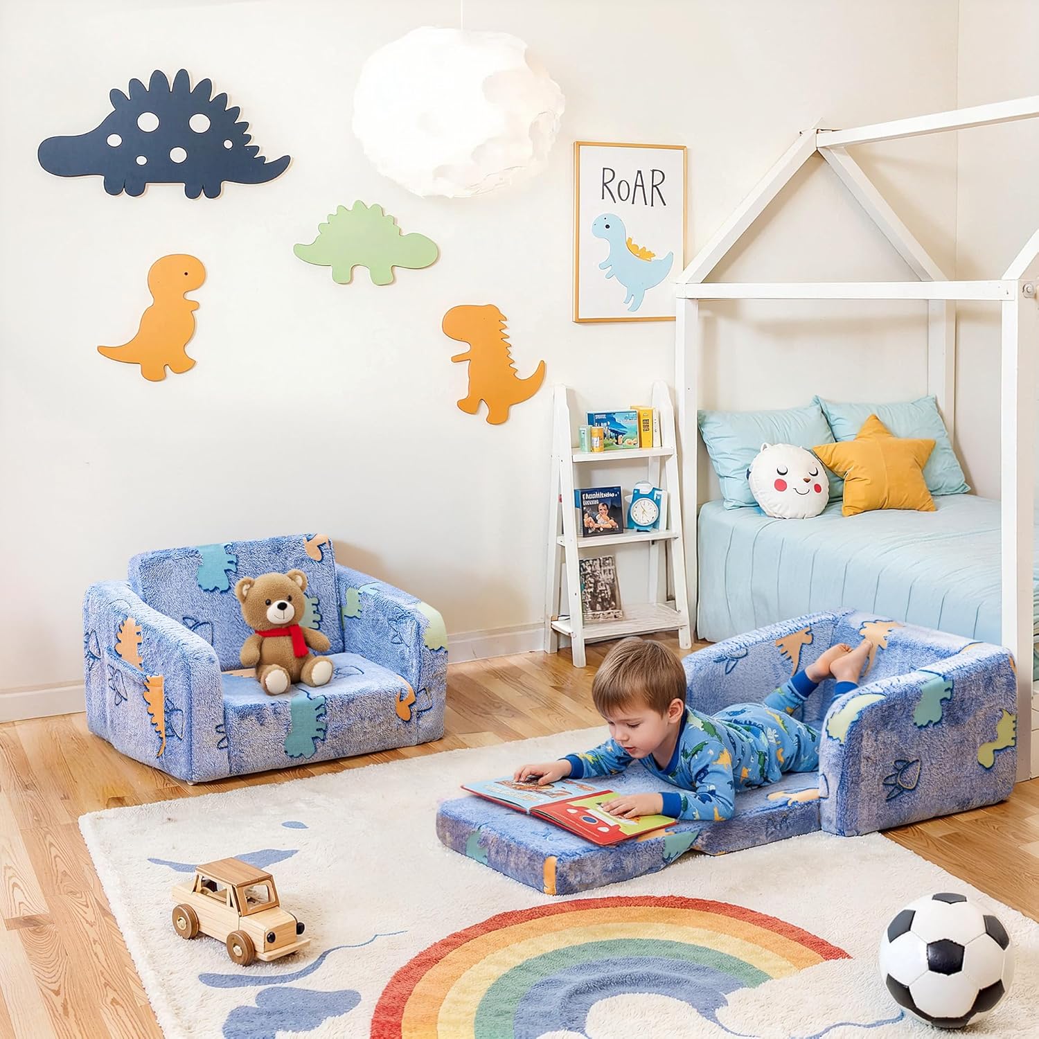 Lamerge 2-in-1 Soft Toddler Couch Fold Out,Foldable Toddler Chair, Glow in The Dark Kids Sofa for playroom,Convertible Foam and Floor Cushion for Boys and Girls (Blue and Dinosaur)
