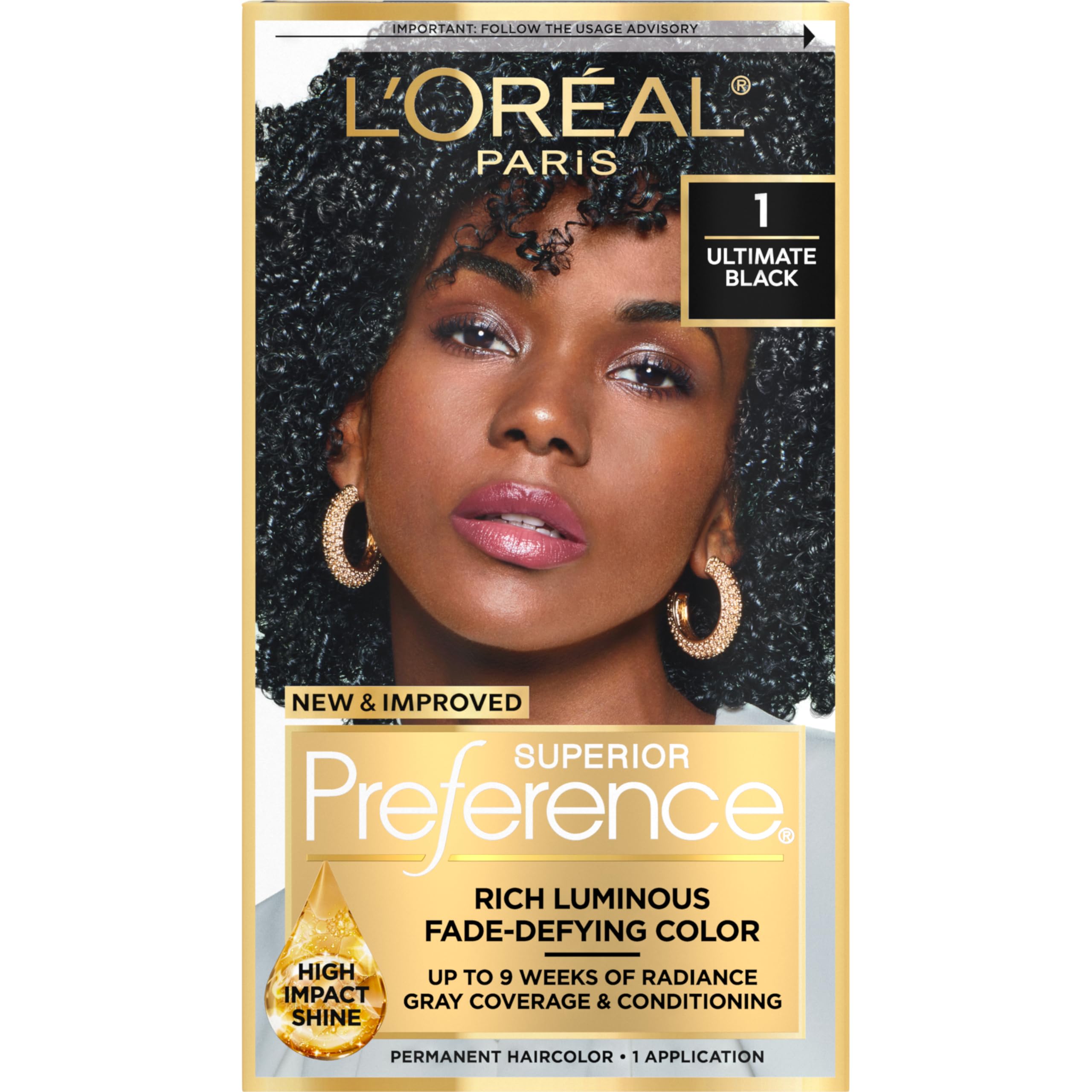 L'Oreal Paris Superior Preference Luminous Fade-Defying Permanent Hair Color, Hair Dye For Up to 9 Weeks of Radiance, Ultimate Black 1, 1 Hair Dye Kit