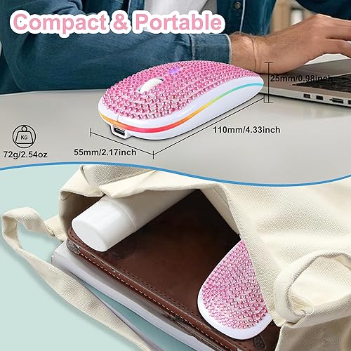 Miniatura 6 de Ratón inalámbrico Bluetooth lindo rosa brillante cristal Rhinestone ratón de computadora con luz LED 2.4GHz y Bluetooth Dual Mode recargable