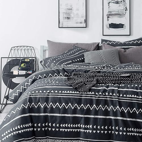 Miniatura 2 de SUSYBAO Juego de funda de edredón geométrica negra, tamaño Queen, 100% algodón, estilo azteca bohemio, juego de funda de edredón de 3 piezas, 1