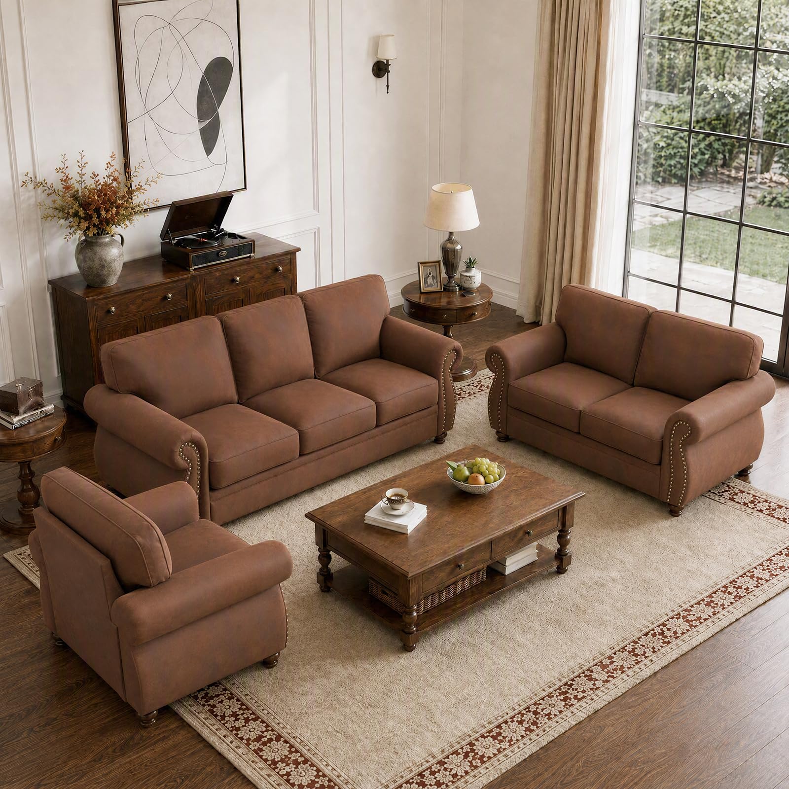 Couchus 88" W Living Room Furniture Sets, 3-Seater&amp;Loveseat&amp;Single, Rust