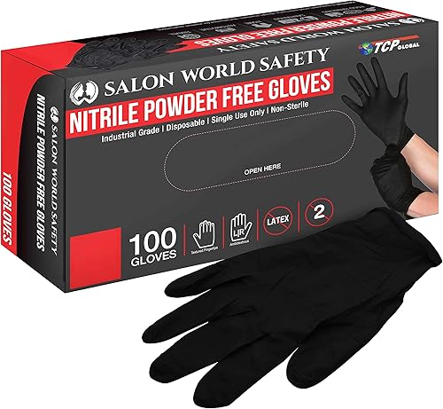 Guantes desechables de nitrilo negro, caja de 100 unidades, talla XL, 5.0 mil, sin látex, texturizados, aptos para alimentos