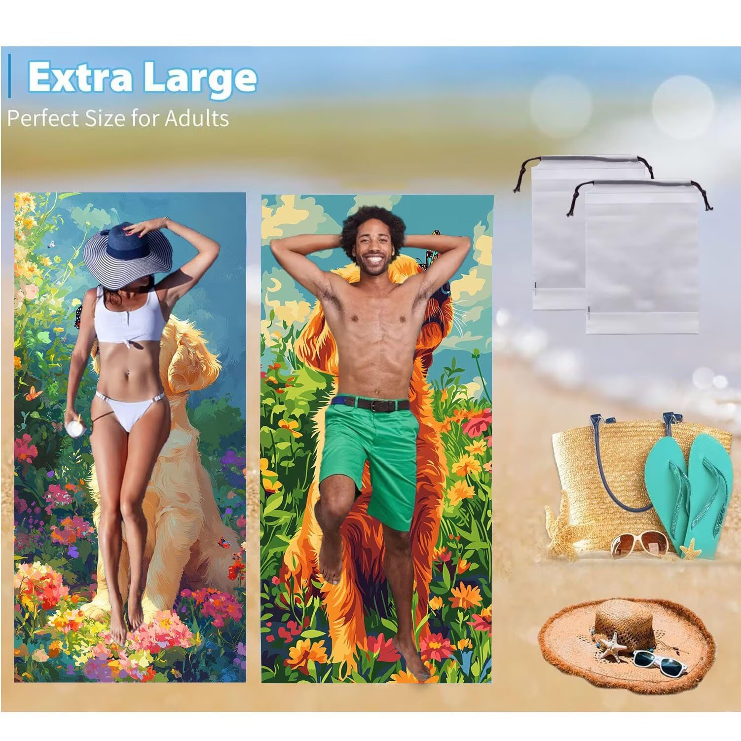 Serviette de Plage xxl, 2PC Papillons chiens Serviette Microfibre 80 x 160 cm, Grande Serviettes de Plage Léger et Séchage Rapide, Serviettes Convient pour Sauna, Homme, Femme Plages Accessoires n-421